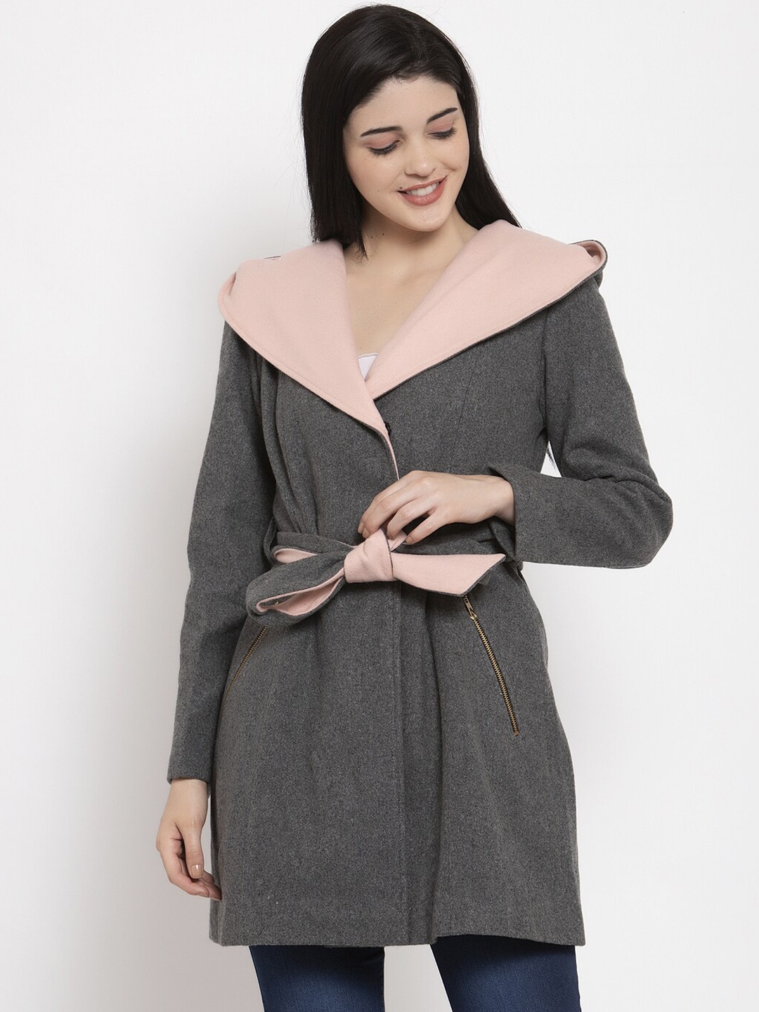 

Owncraft Women Charcoal Grey Solid Hooded Tie-Up Overcoat
