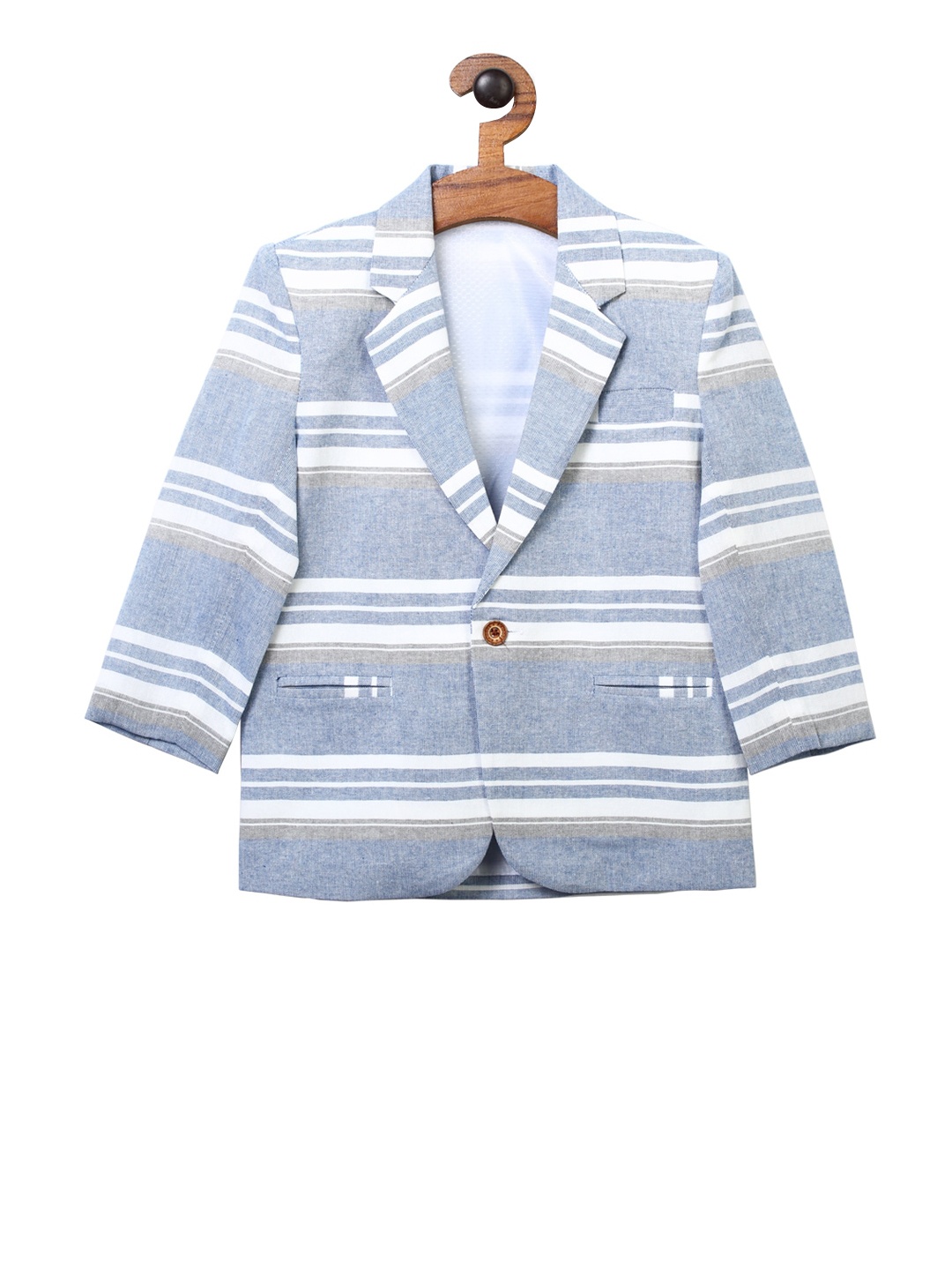 

RIKIDOOS Boys Blue & White Striped Comfort-Fit Single-Breasted Casual Blazer