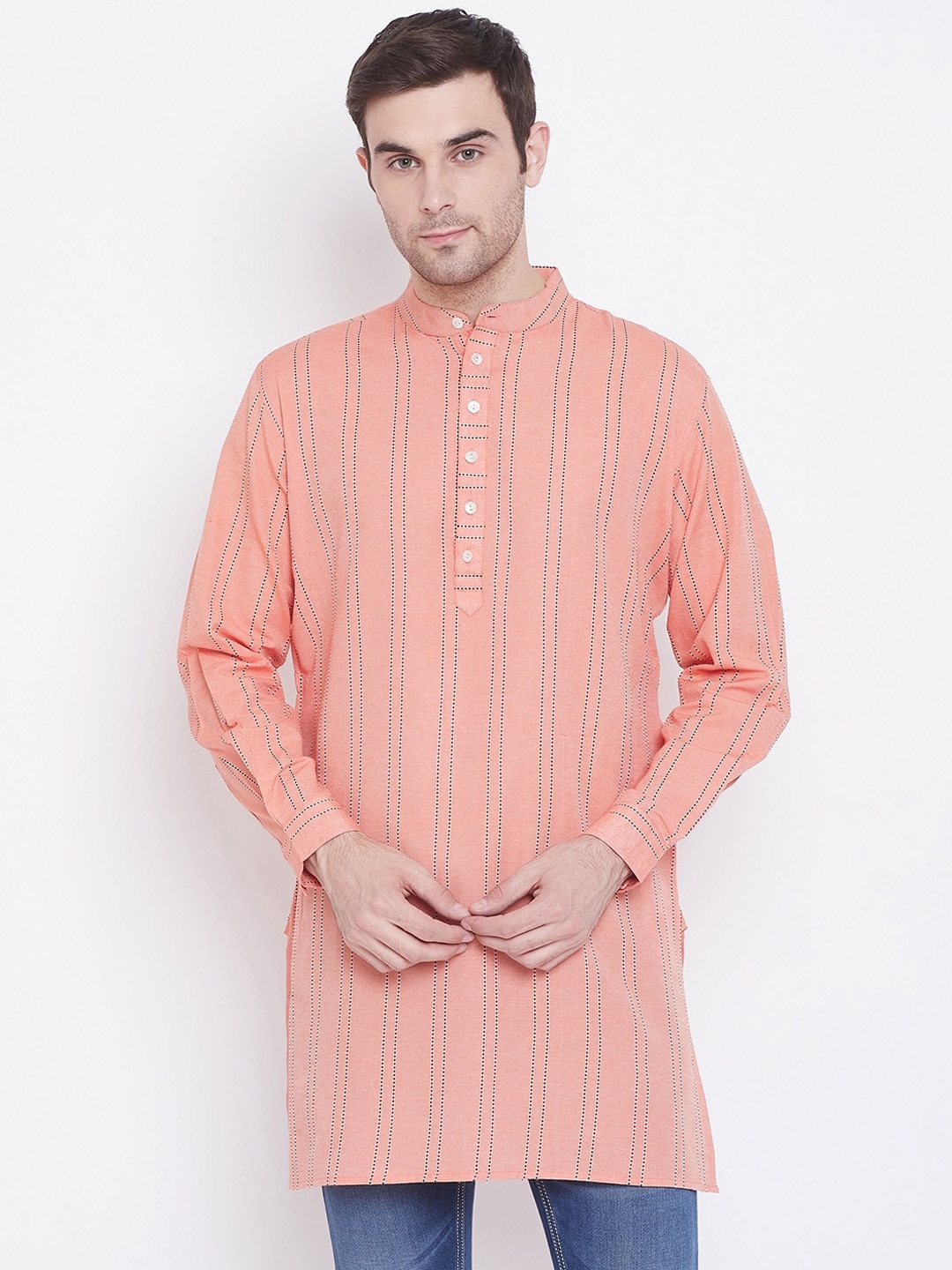 

Tulsattva Men Orange & Blue Solid Straight Kurta