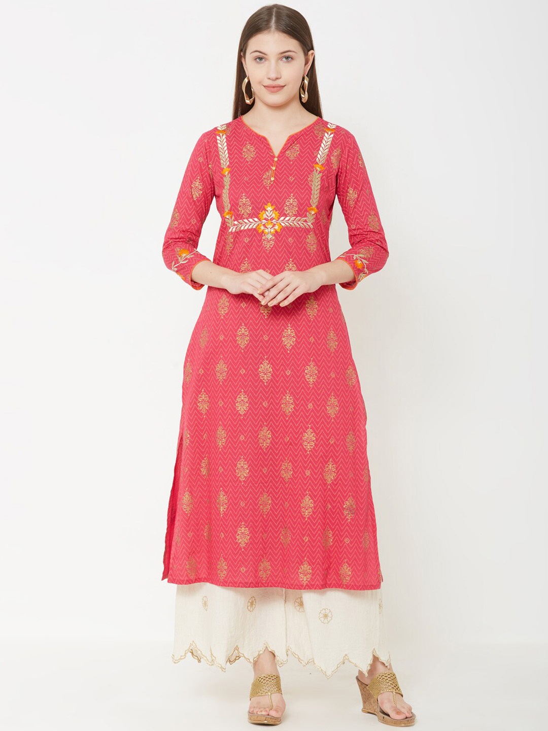 

FASHOR Women Pink Printed Straight Kurta