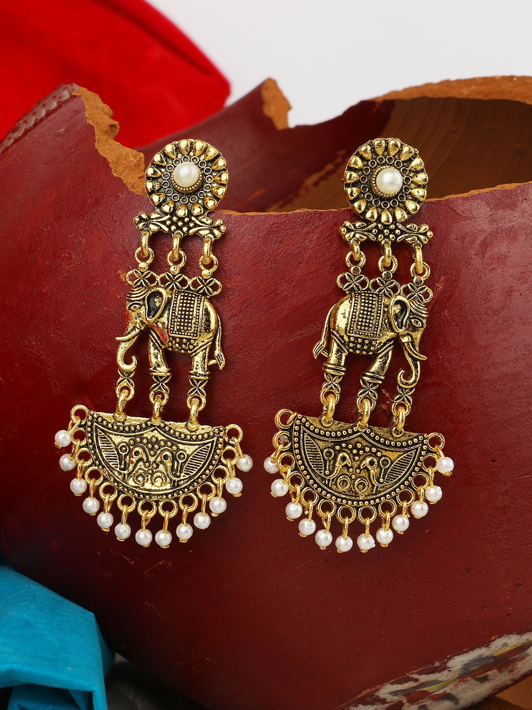 

ANIKAS CREATION Gold & White Animal Shaped Drop Earrings