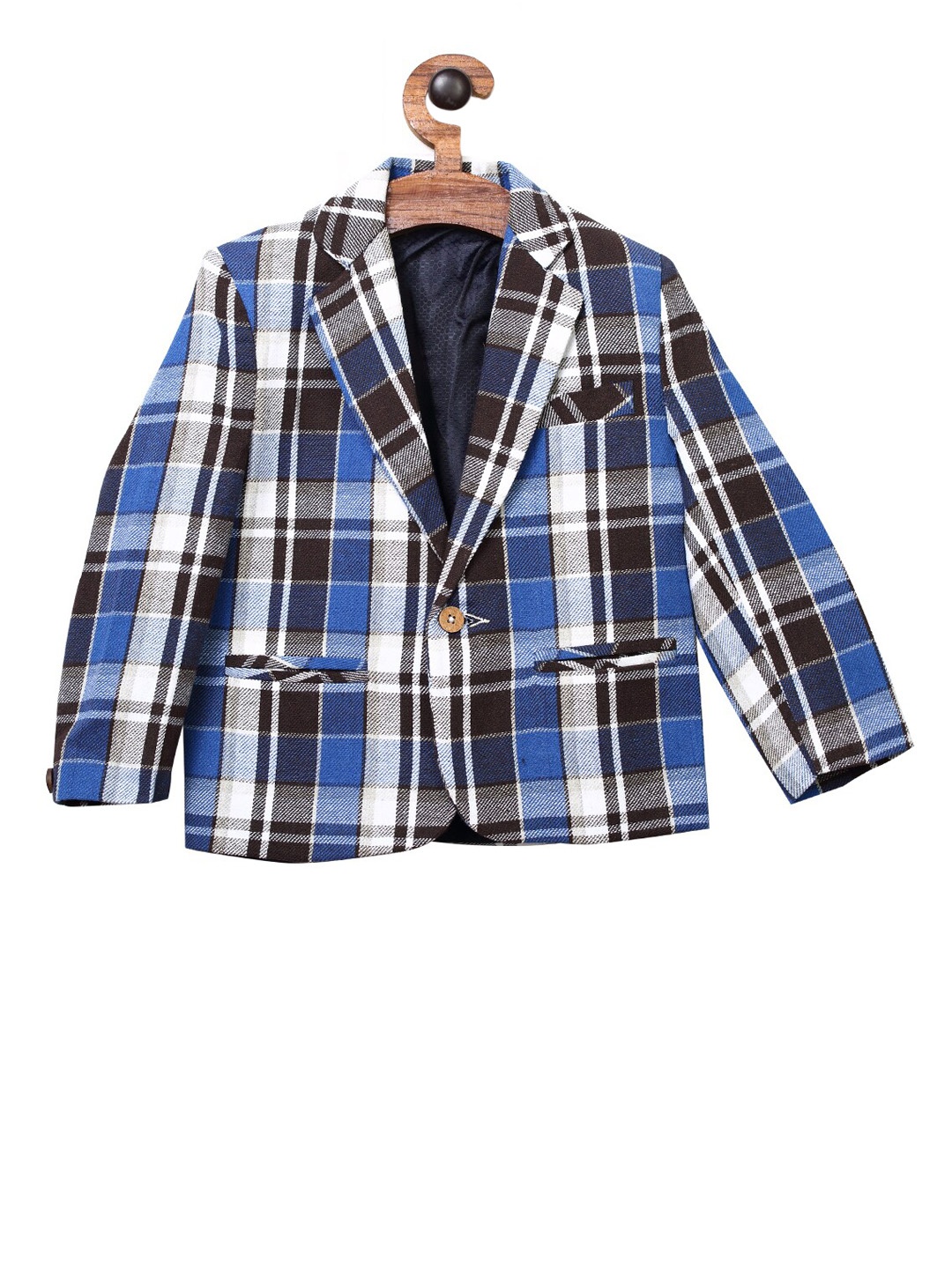 

RIKIDOOS Boys Blue & Black Checked Comfort-Fit Single-Breasted Casual Blazer