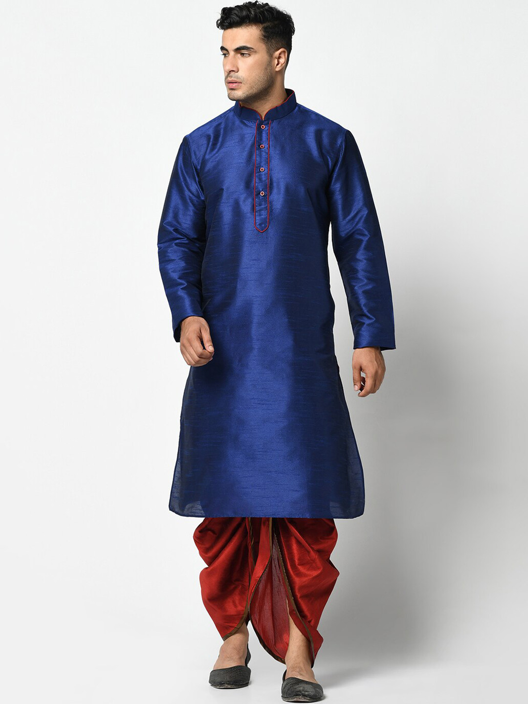 

DEYANN Men Blue & Red Solid Silk Kurta with Dhoti Pants