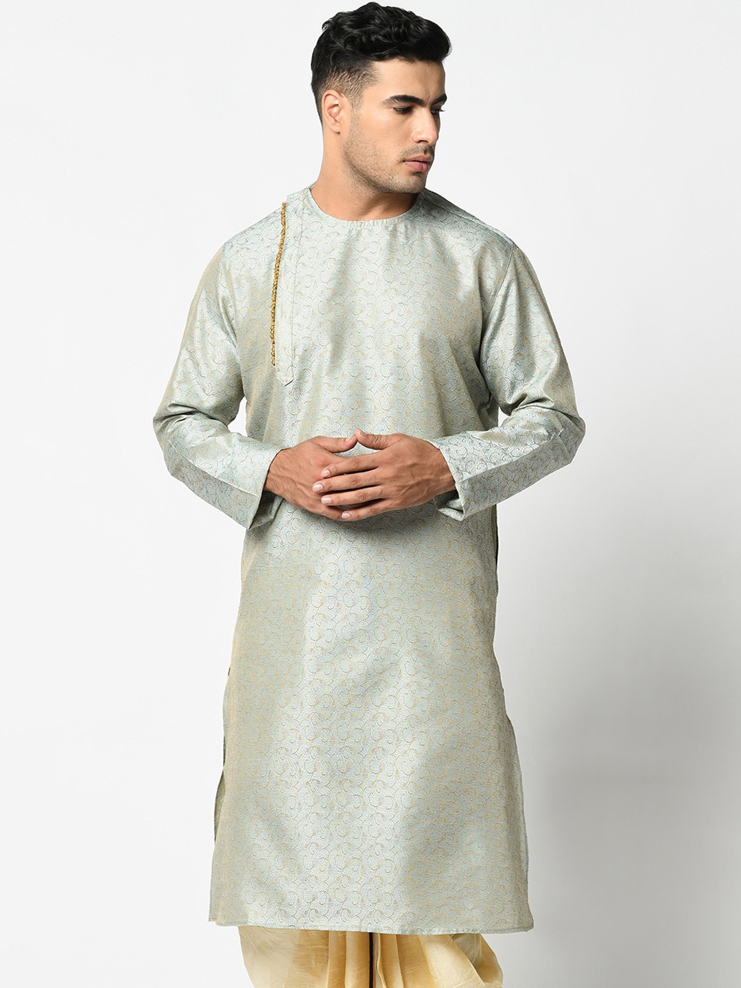 

DEYANN Men Blue & Cream-Coloured Solid Kurta with Pyjamas