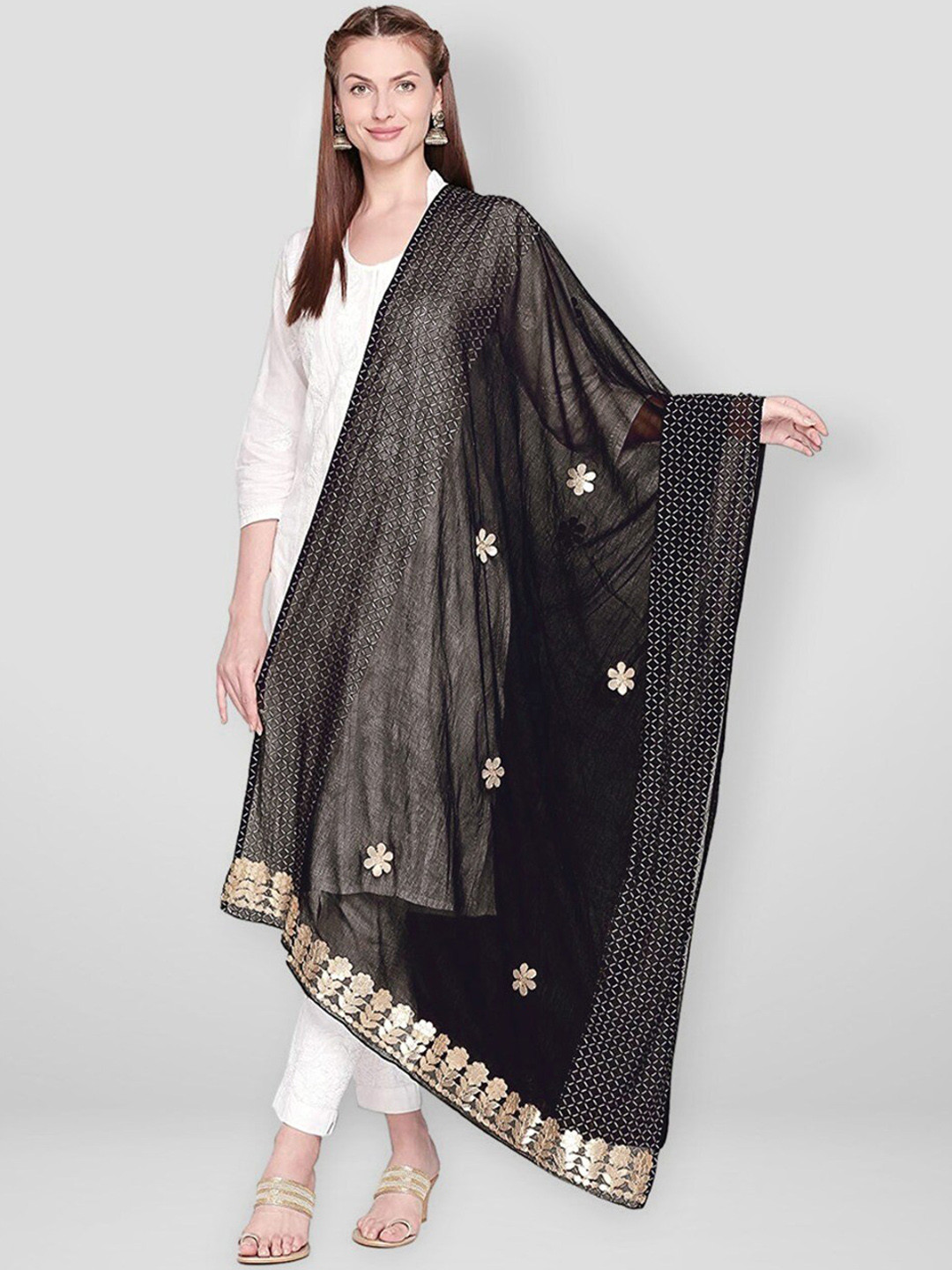 

Dupatta Bazaar Black & Gold-Toned Gotta Patti Embroidered Dupatta
