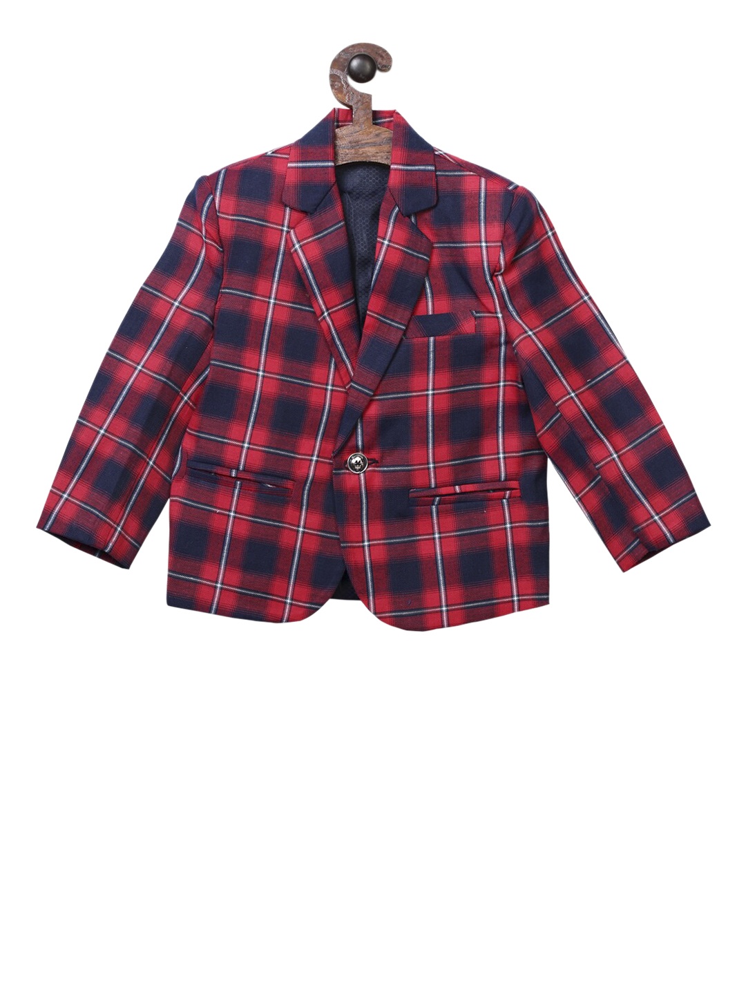 

RIKIDOOS Boys Red & Navy Blue Checked Comfort Fit Single-Breasted Blazer