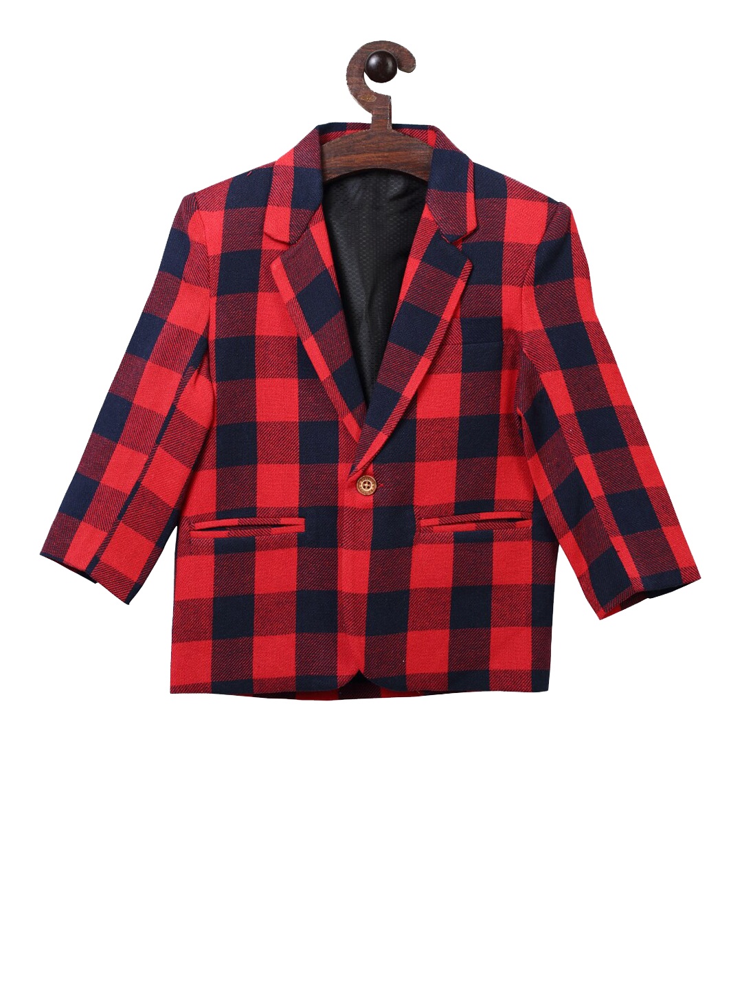 RIKIDOOS Boys Red & Navy Blue Checked Comfort-Fit Single-Breasted Casual Blazer