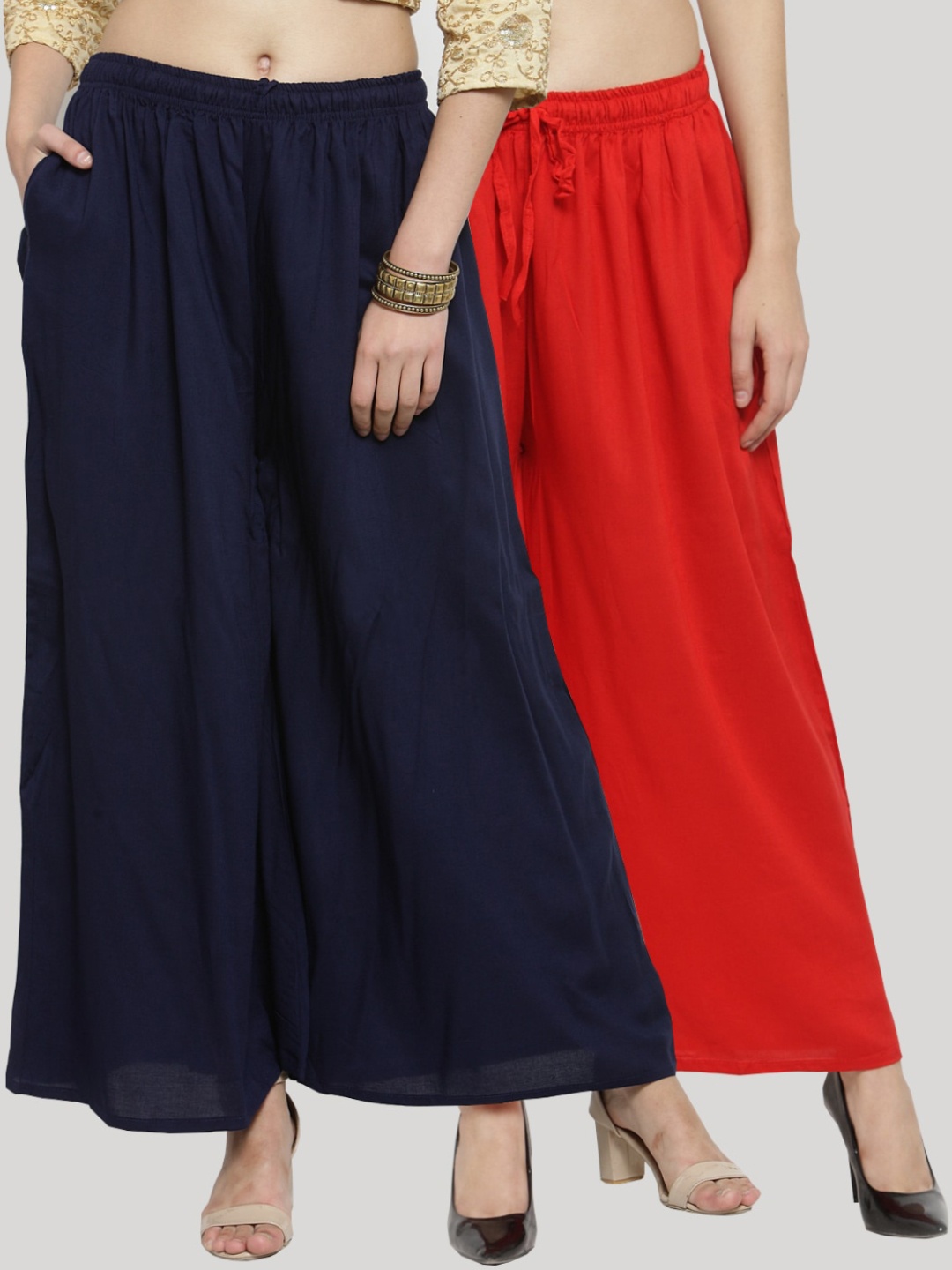 

Clora Creation Women Pack Of 2 Navy Blue & Red Solid Wide Leg Palazzos