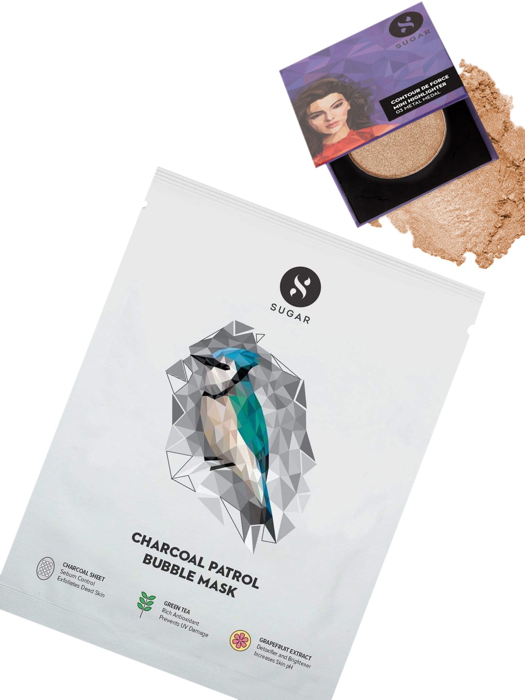 

SUGAR Set of 2 Charcoal Patrol Bubble Mask & Mini Highlighter 03 Metal Medal, Multi