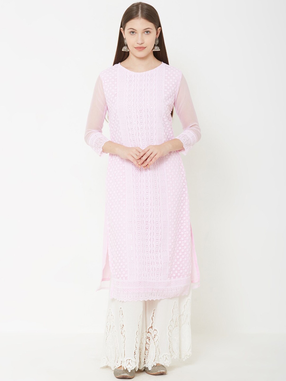 

FASHOR Women Pink Embroidered Straight Kurta