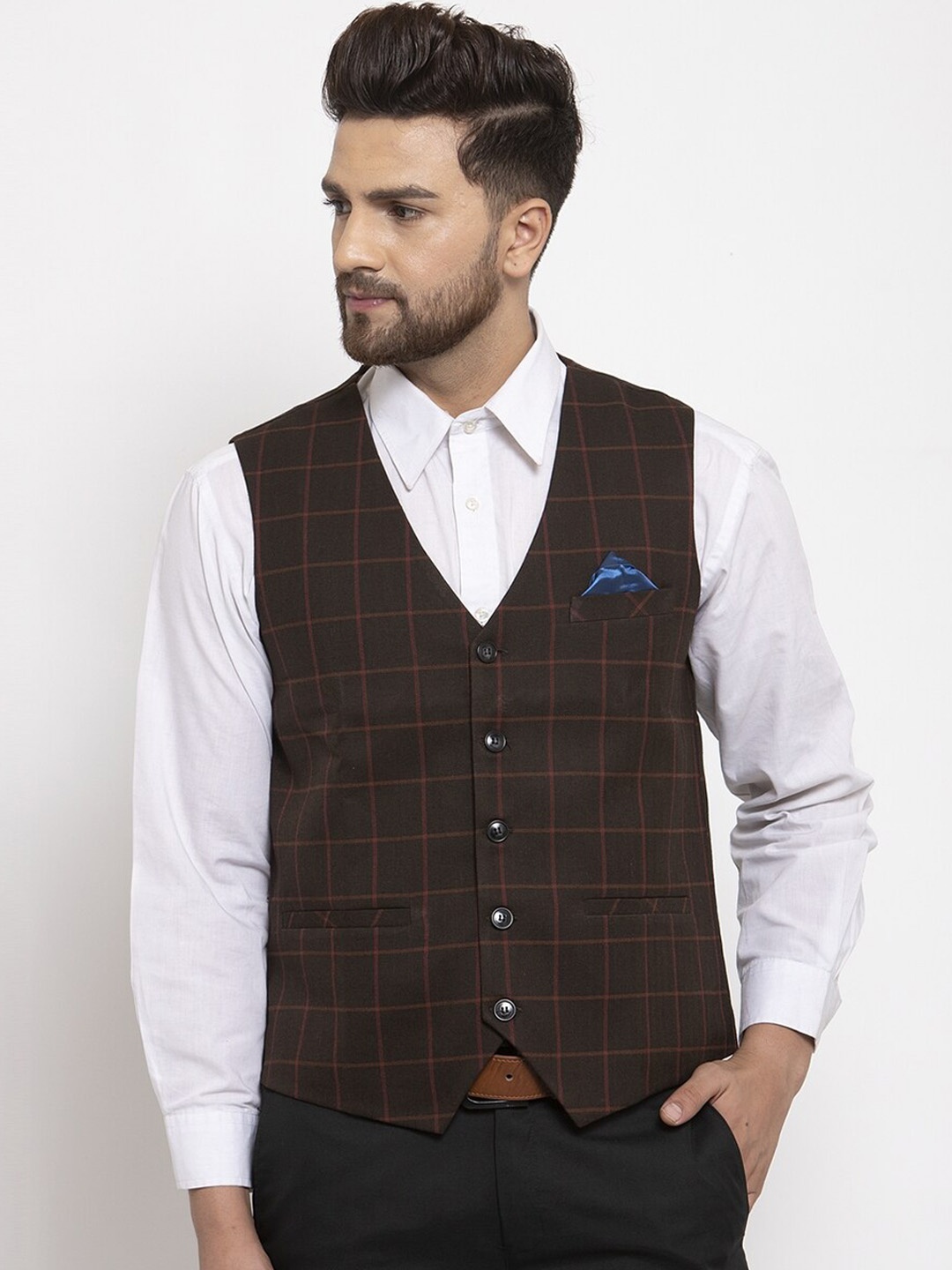

NEUDIS Men Olive Brown Checked Waistcoat