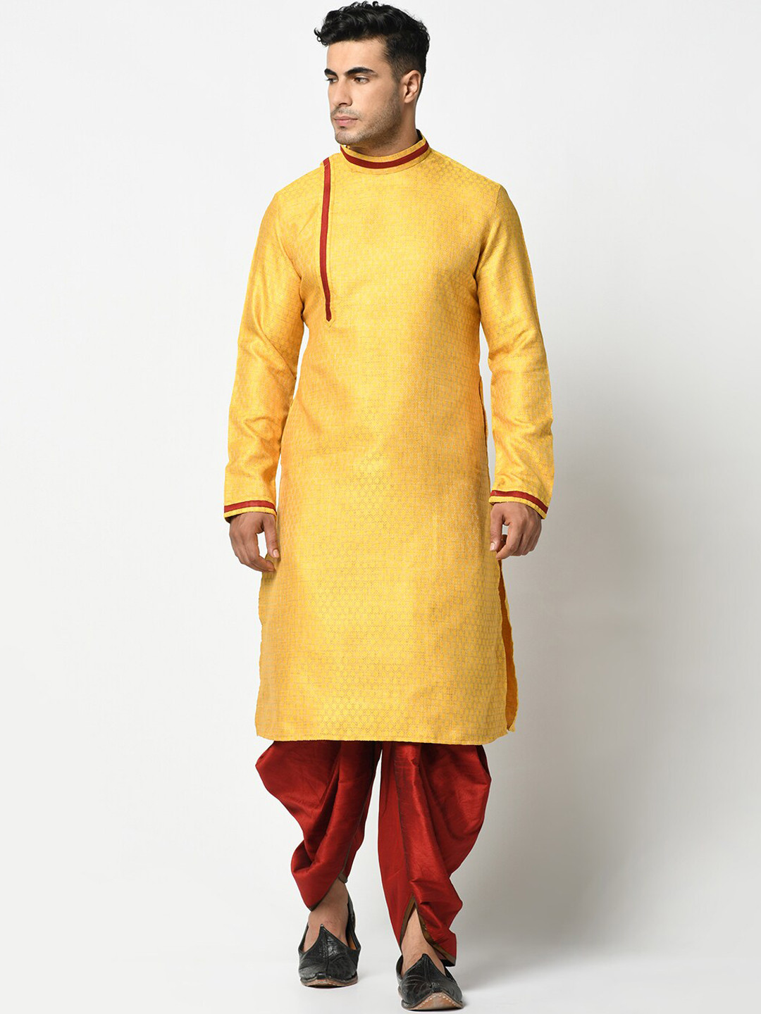 

DEYANN Men Yellow & Red Self Design Kurta with Dhoti Pants