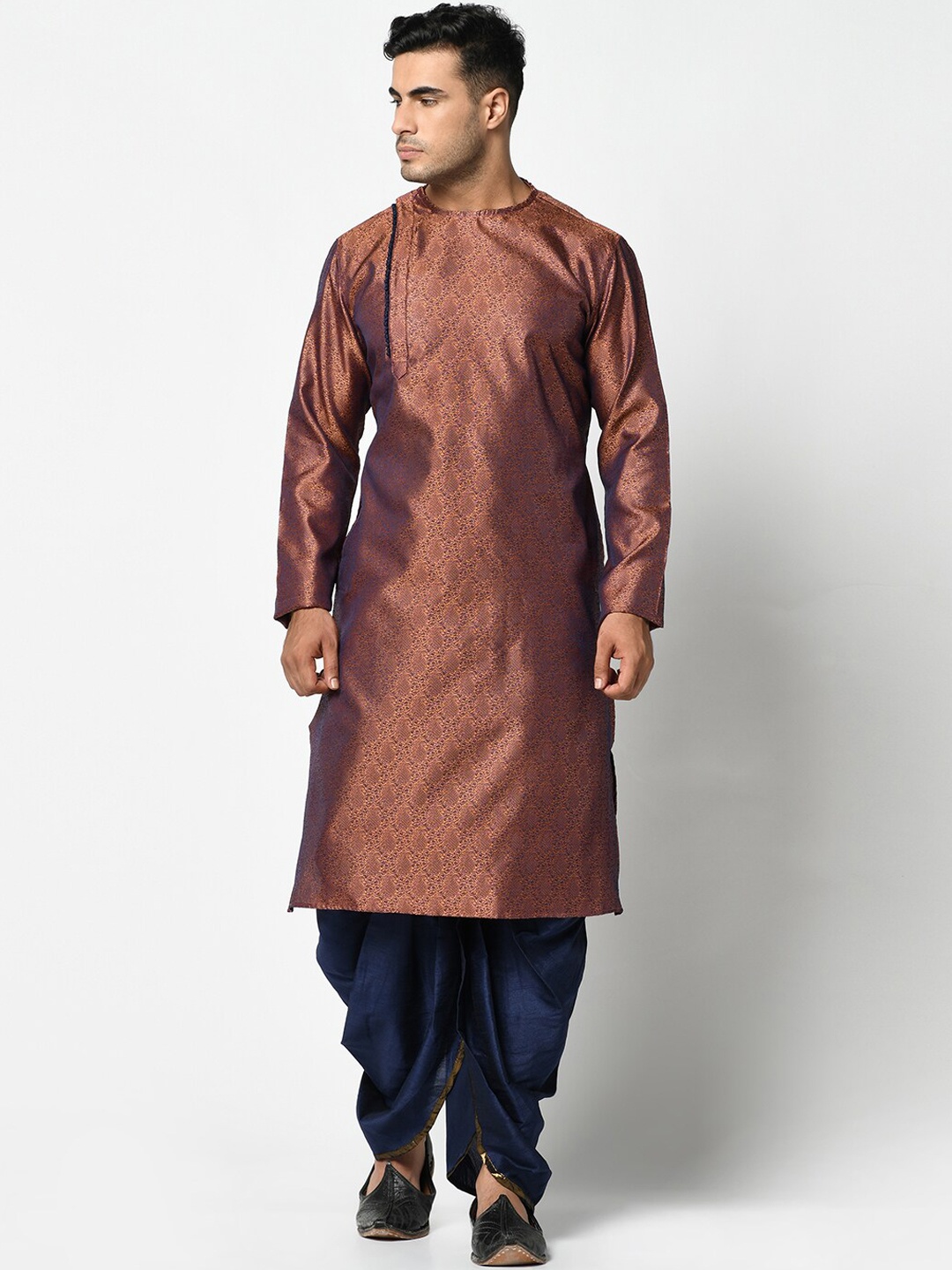 DEYANN Men Copper-Toned & Navy Blue Printed Kurta with Dhoti Pants