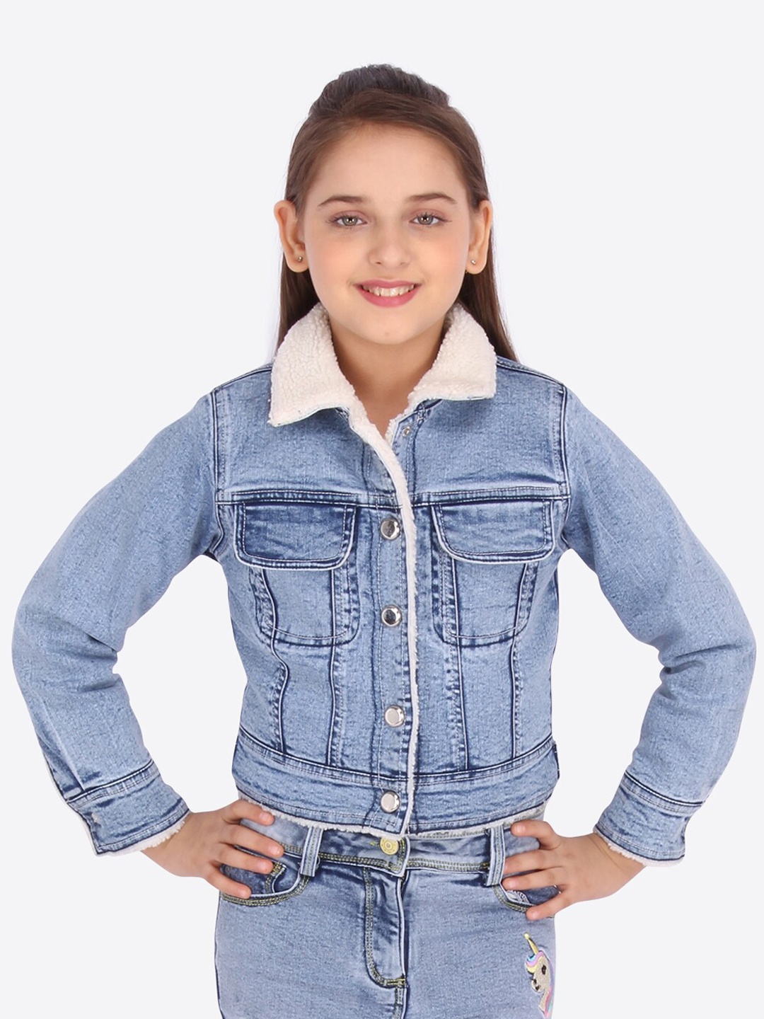 

CUTECUMBER Girls Blue Solid Denim Jacket