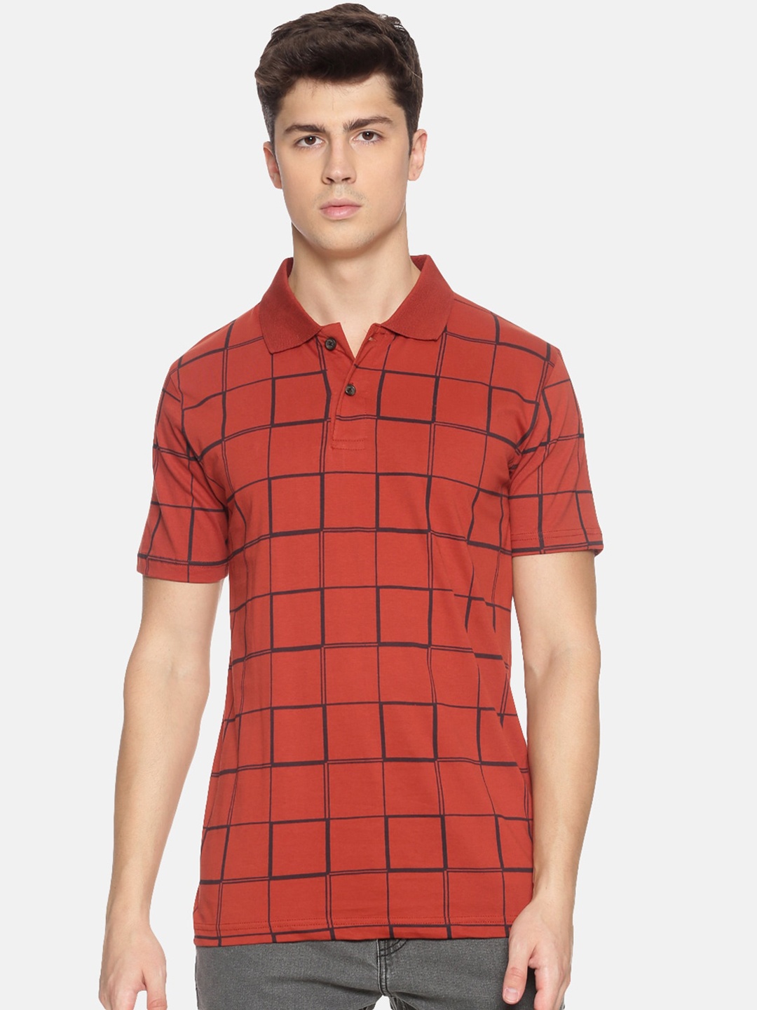 

Kryptic Men Rust Orange & Black Checked Polo Collar T-shirt