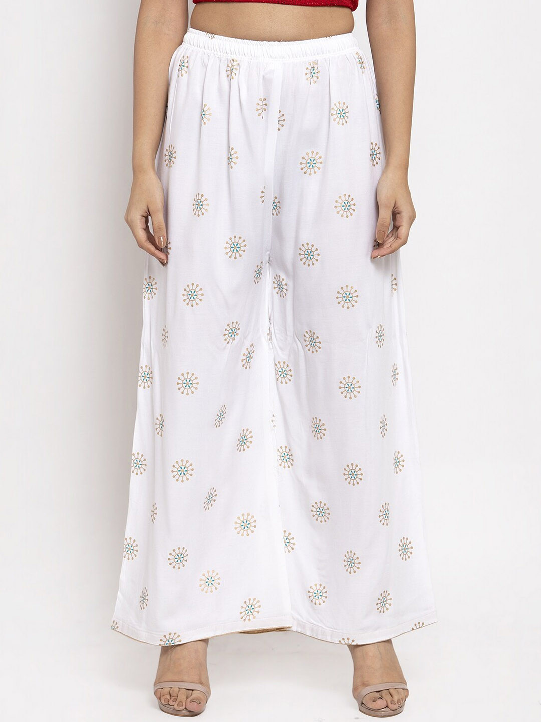 

Clora Creation Women White & Gold-Toned Printed Wide Leg Palazzos