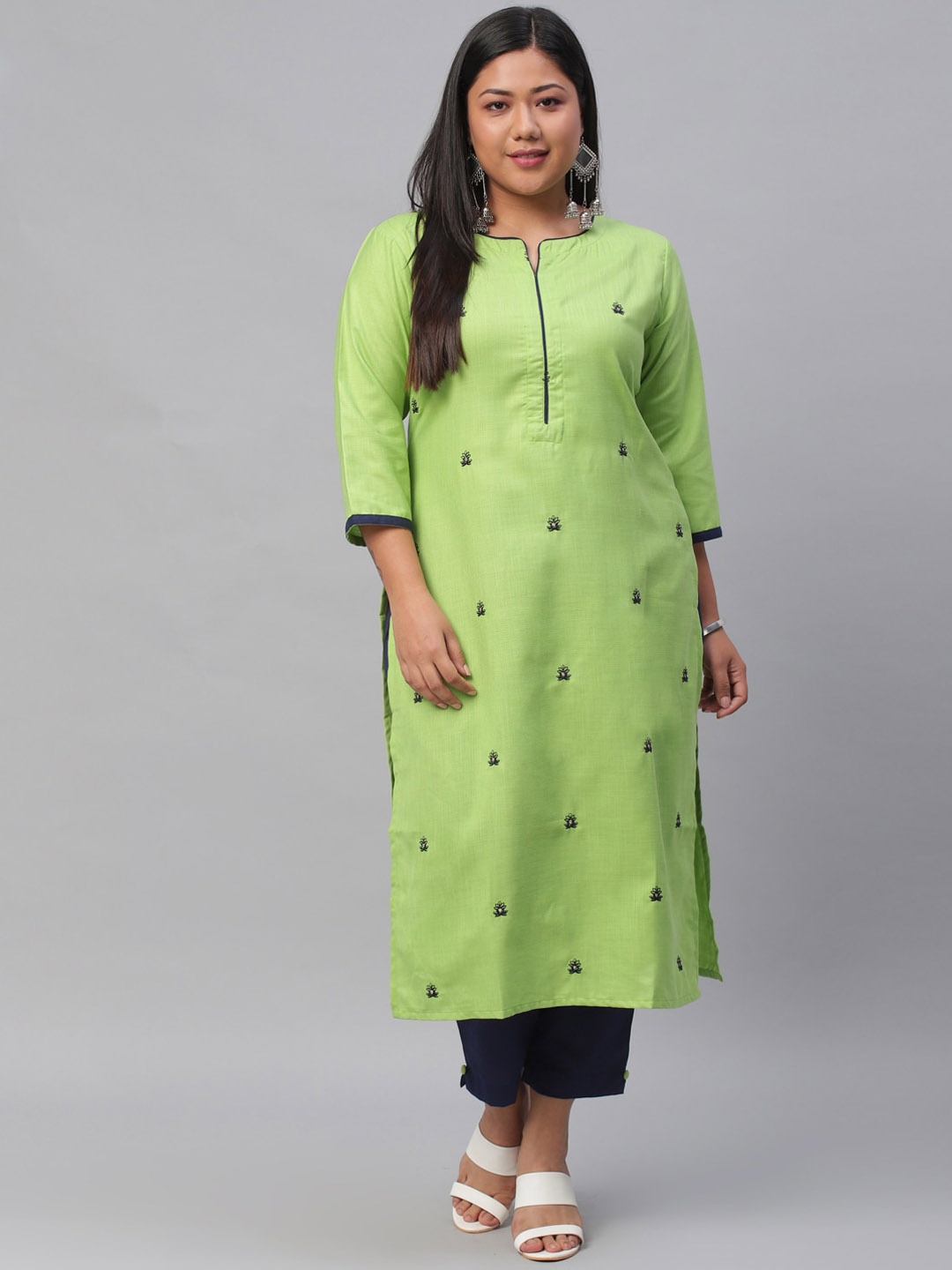 

EXTRA LOVE BY LIBAS Plus Size Women Green Floral Embroidered Cotton Kurta with Trousers