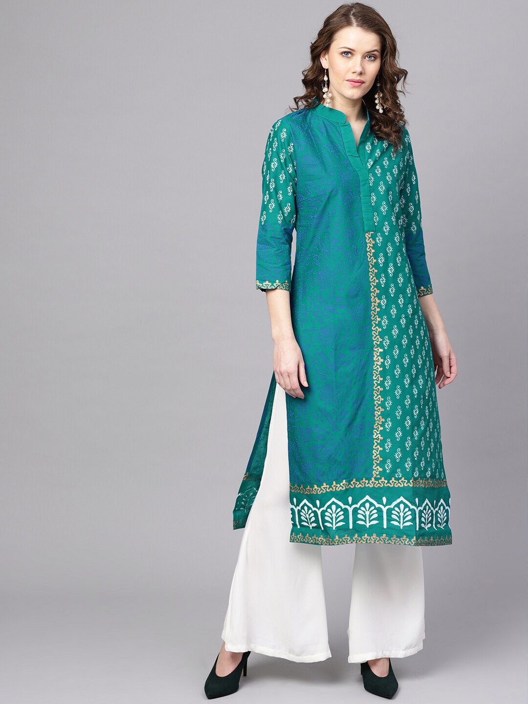 

ZOEYAMS Women Green Block Printed Straight Kurta