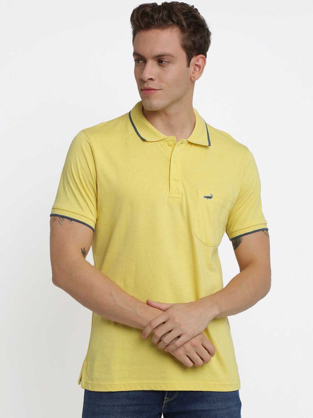 

Crocodile Men Yellow Solid Polo Collar T-shirt