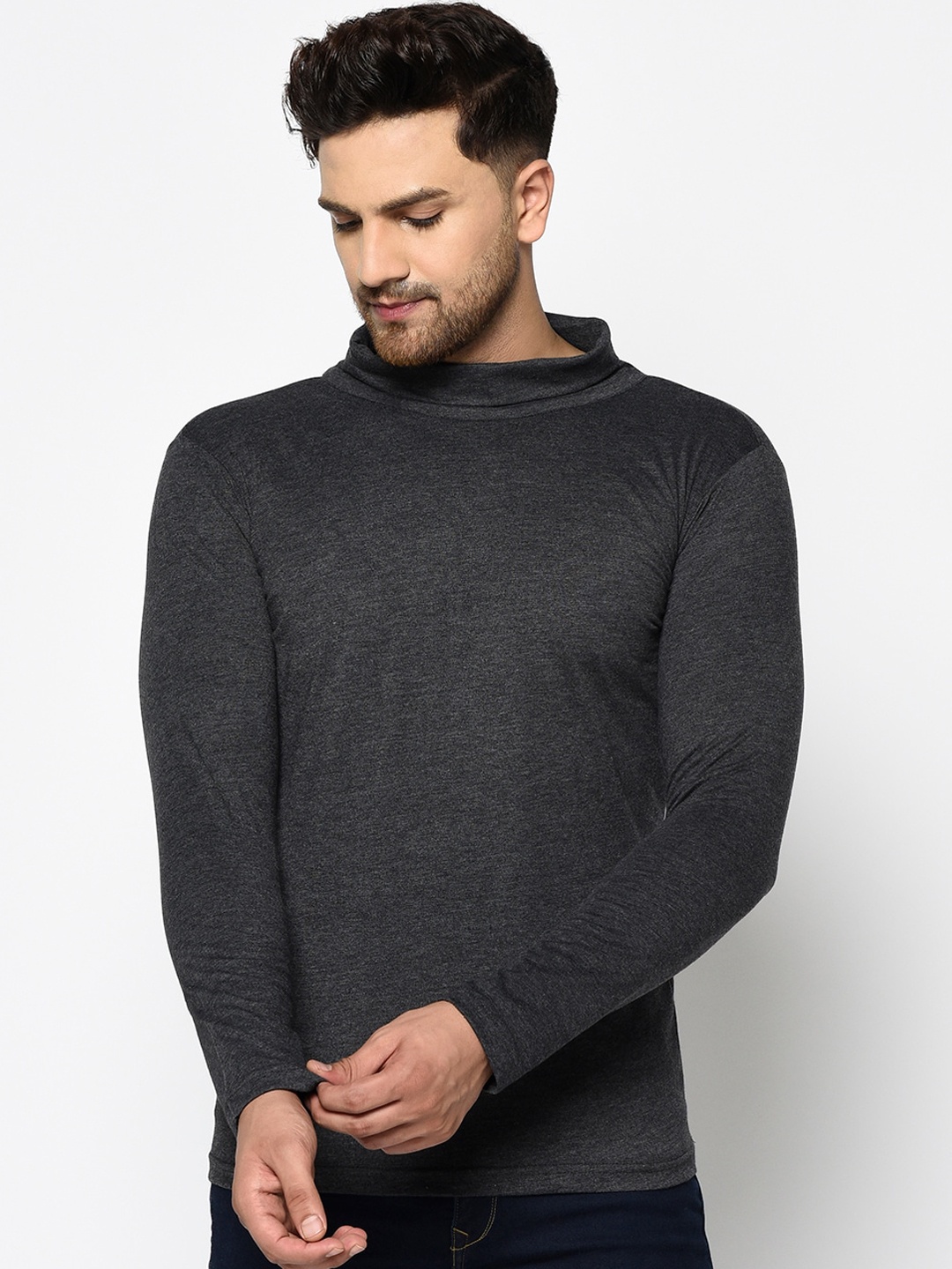

Rigo Charcoal Grey Solid High Neck T-shirt