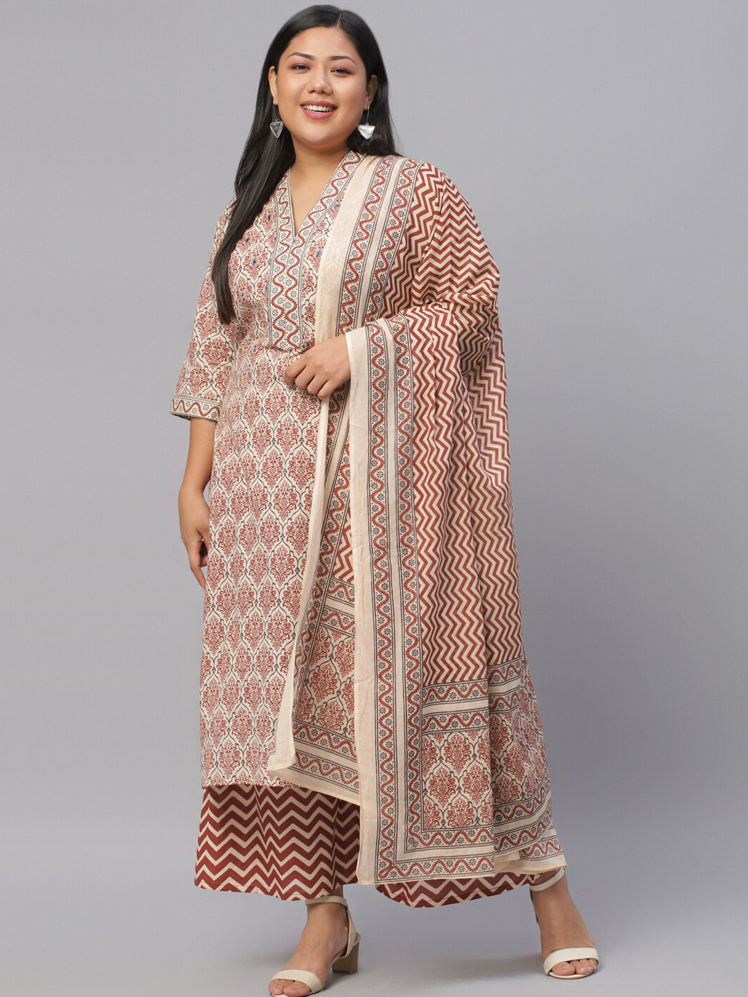 

EXTRA LOVE BY LIBAS Plus Size Beige Ethnic Motifs Kurta with Palazzos & With Dupatta