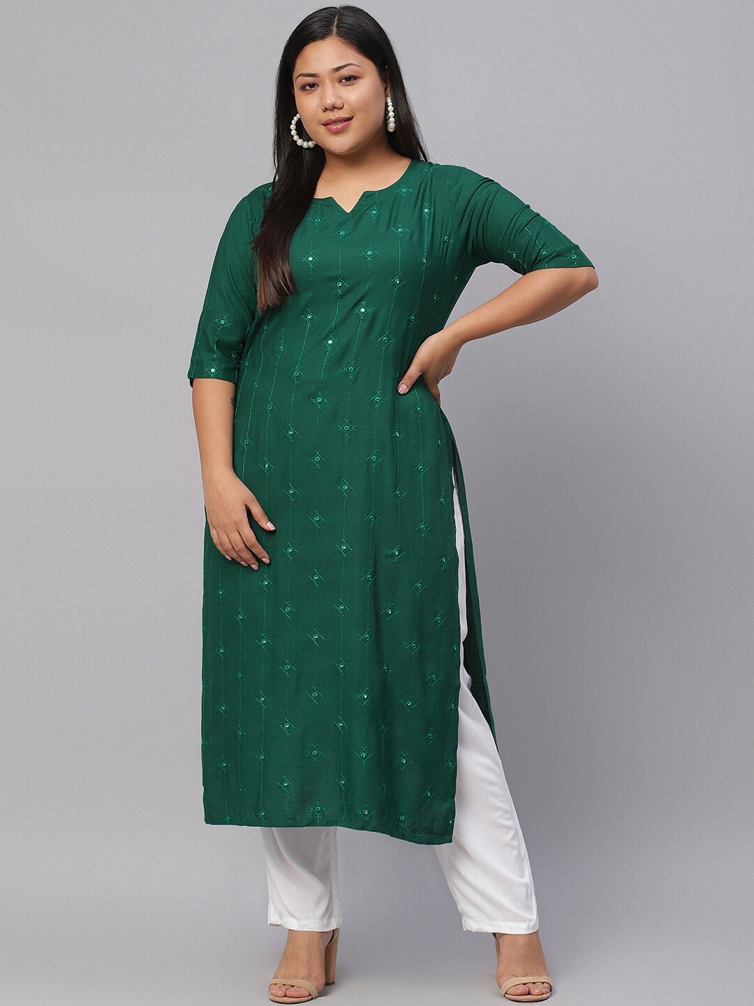 EXTRA LOVE BY LIBAS Plus Size Women Green Geometric Embroidered Mirror Work Kurta