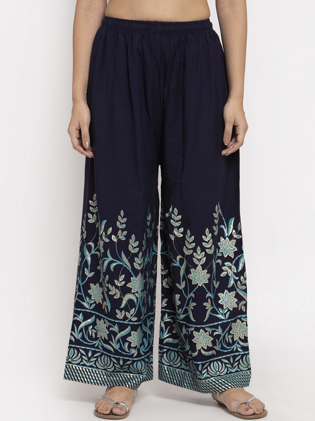 

Clora Creation Women Navy Blue & Gold-Coloured Floral Printed Straight Palazzos
