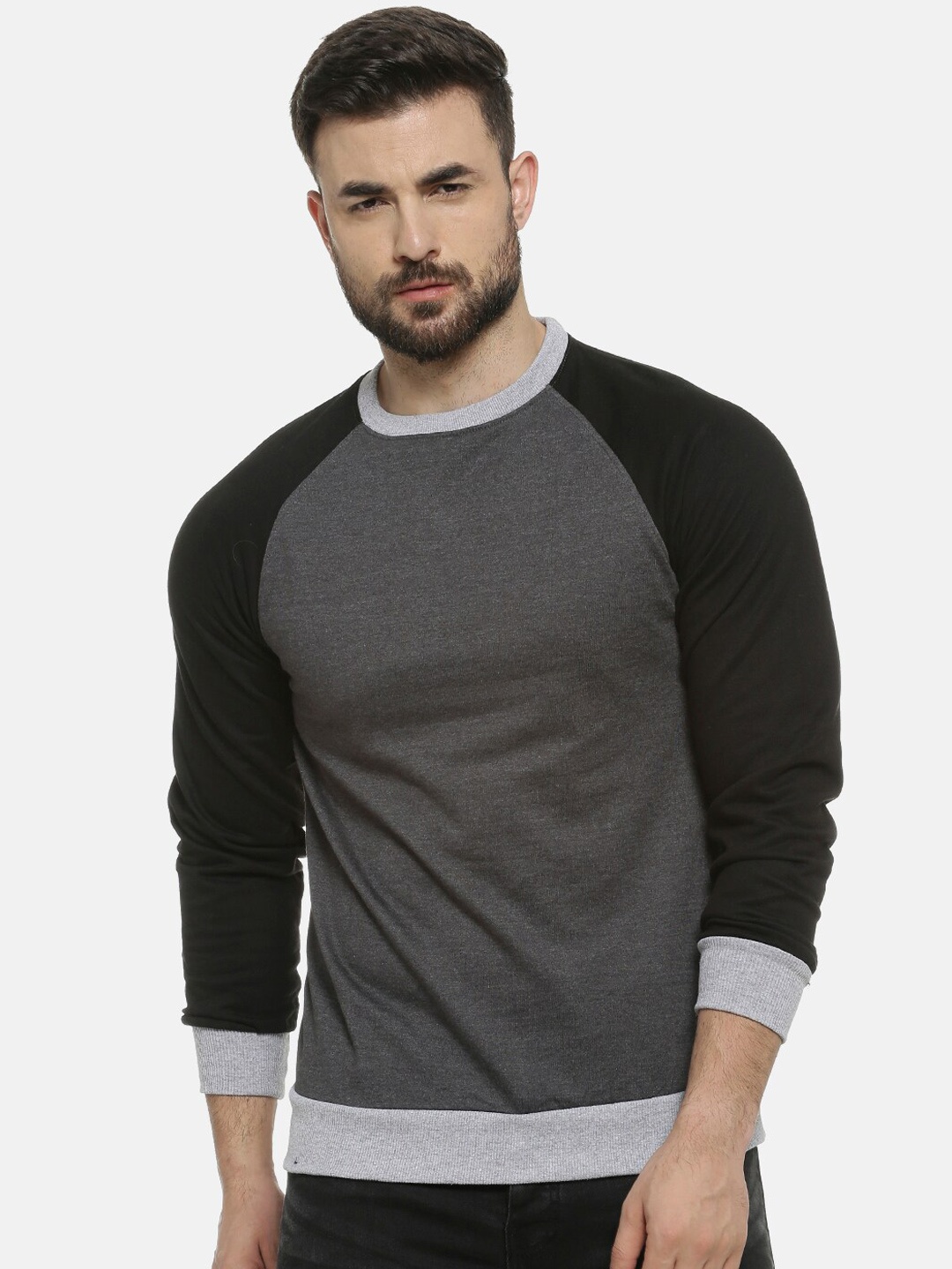 

Campus Sutra Men Charcoal Grey & Black Colourblocked Sweatshirt