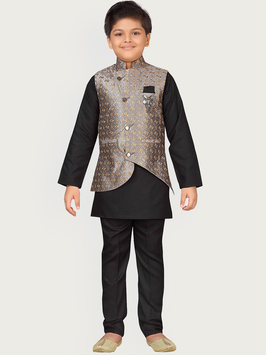 

ahhaaaa Boys Grey & Gold-Coloured Printed Sherwani Set