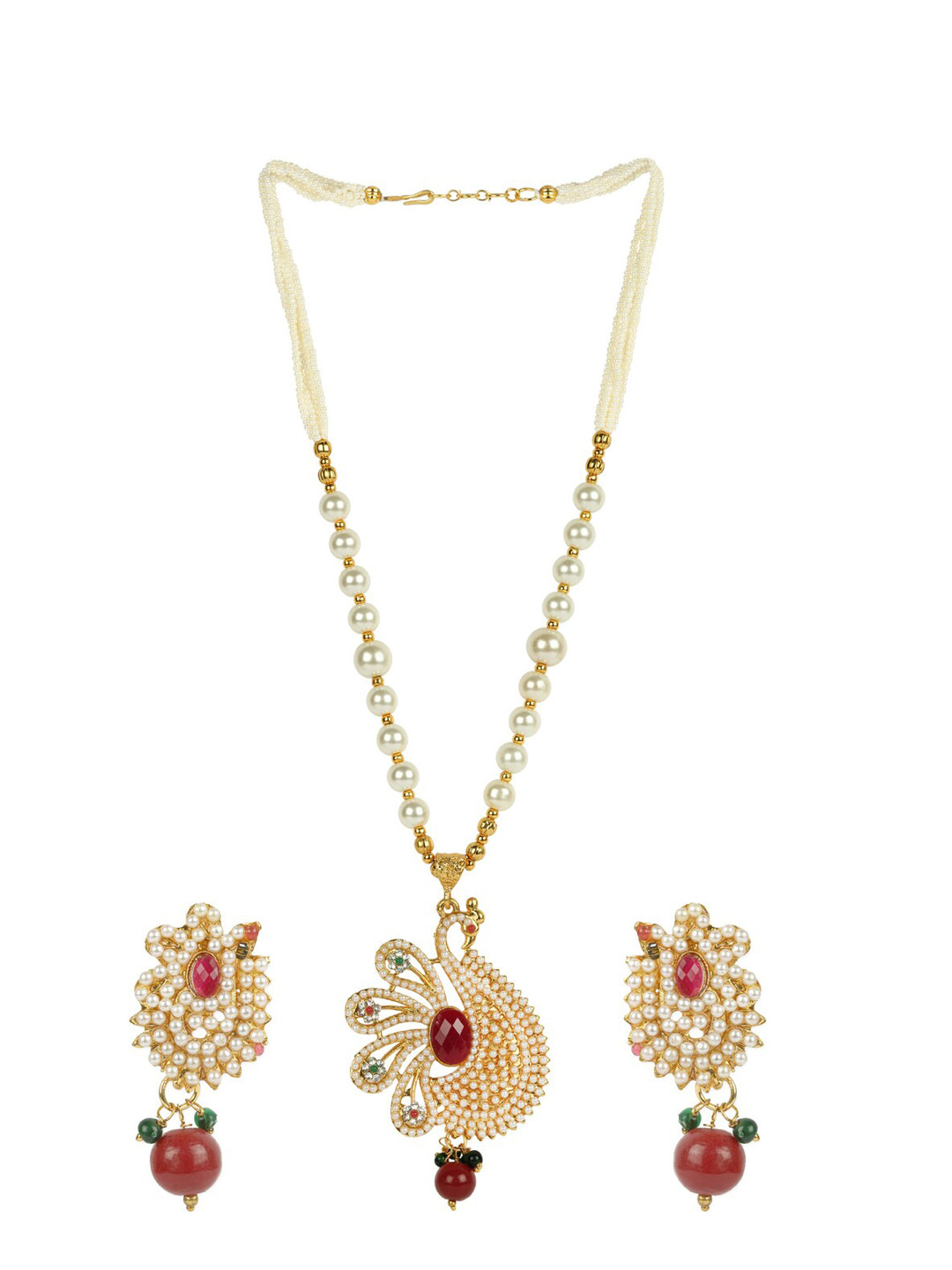 

ANIKAS CREATION Gold-Plated Off-White & Red Stone-Studded Pearl Beaded Handcrafted Jewellery Set