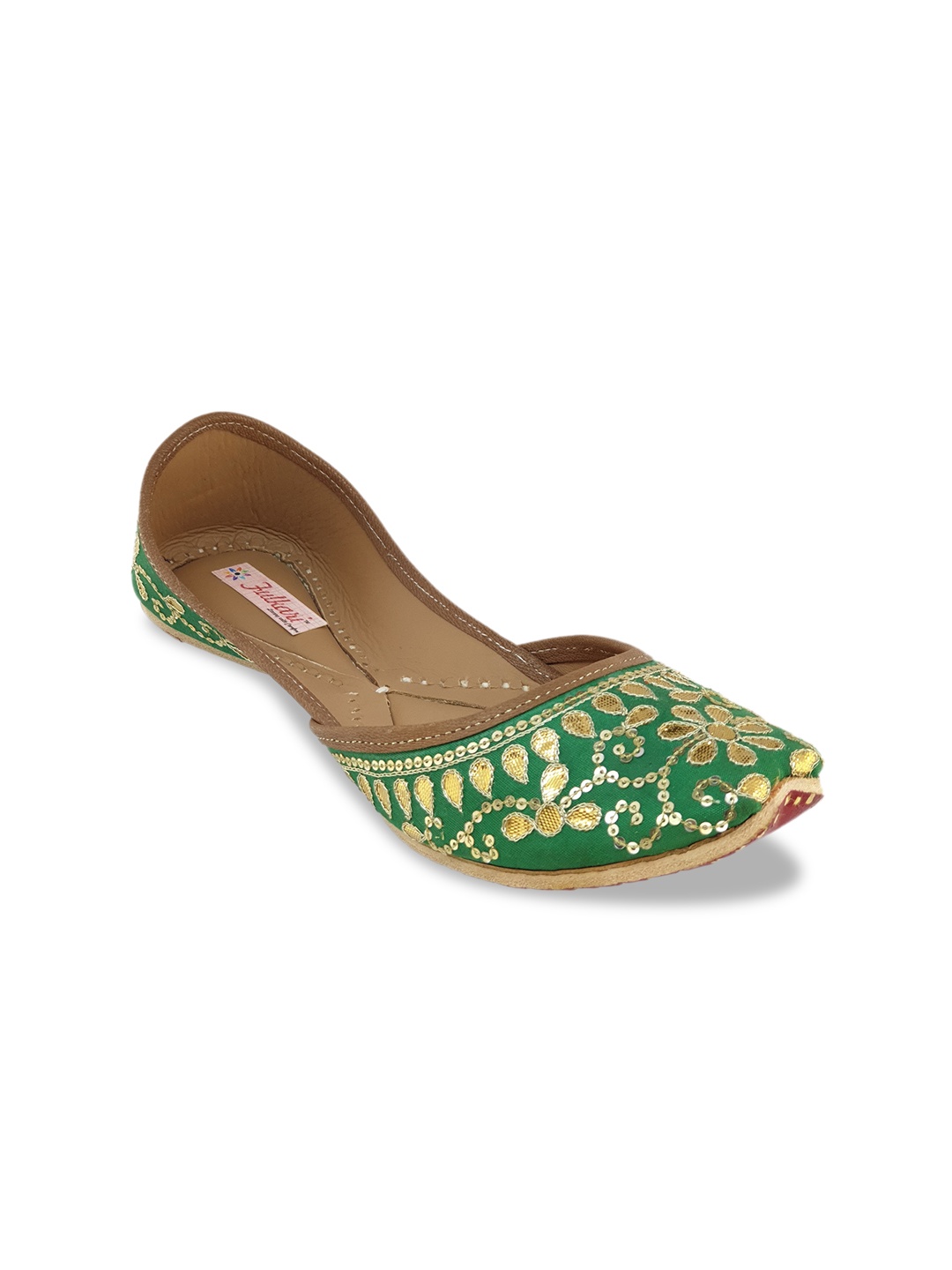 

Fulkari Women Green & Gold-Toned Embellished Leather Mojaris