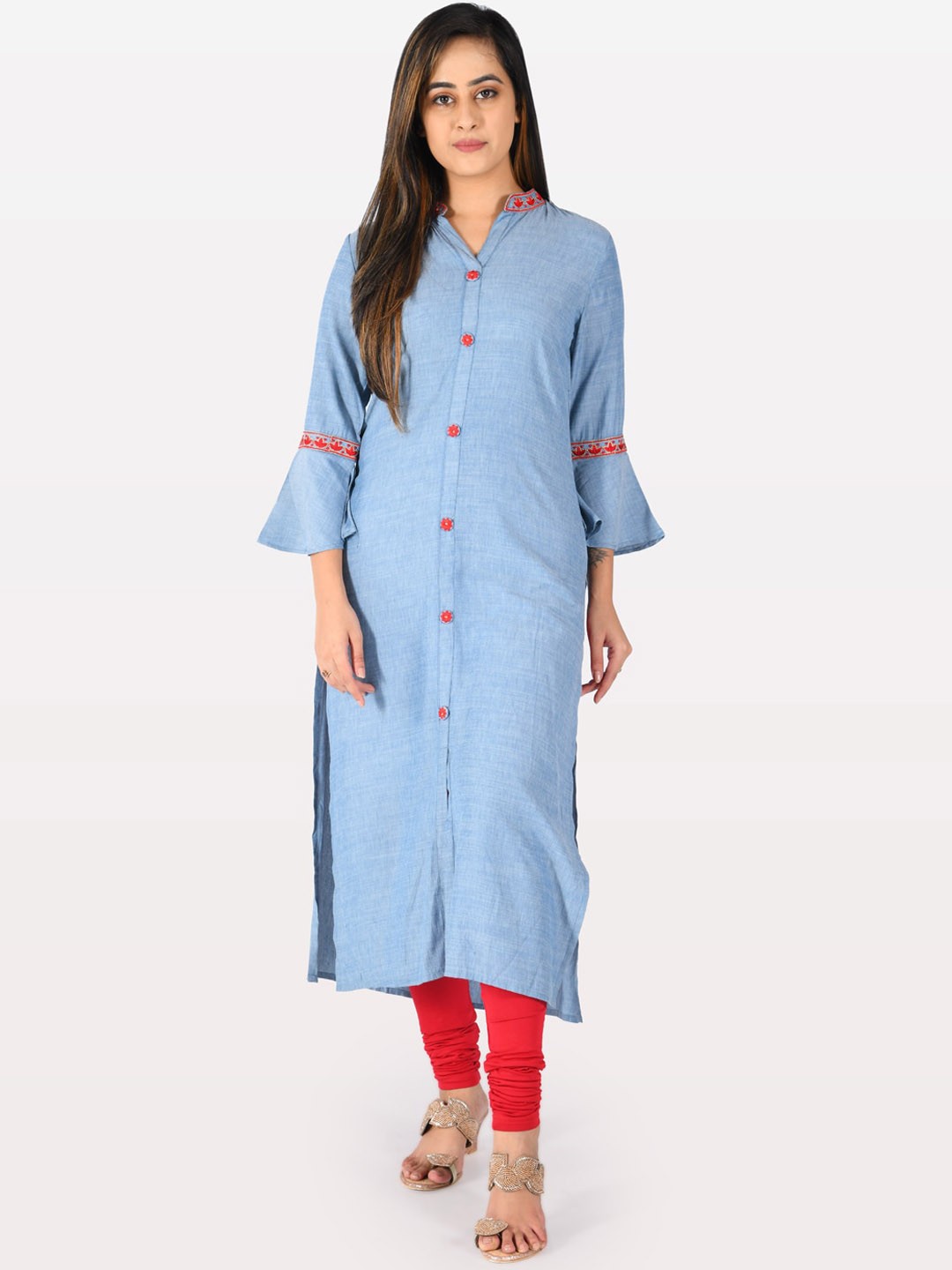 

Neerus Women Blue & Red Embroidered Straight Kurta