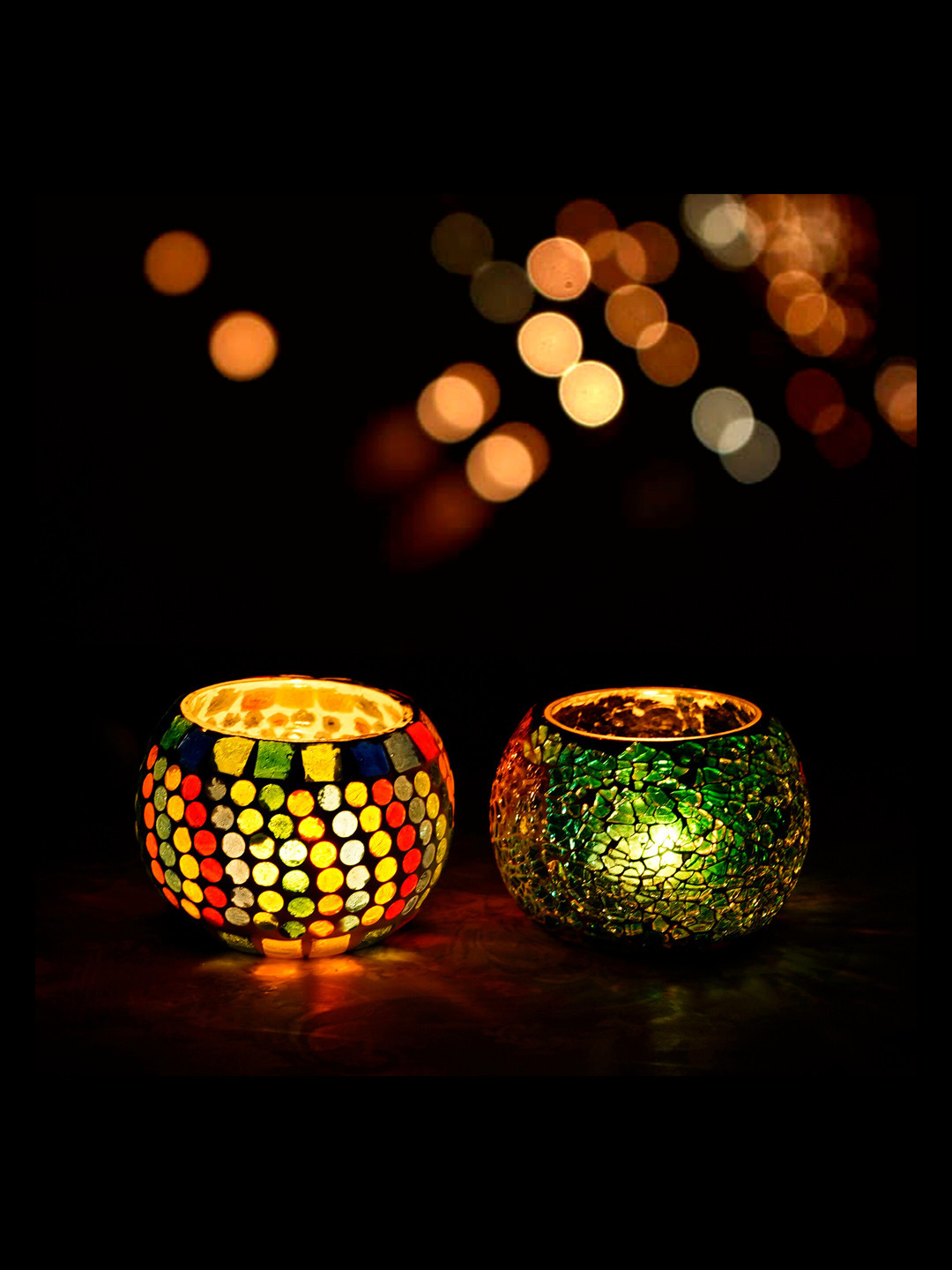 

eCraftIndia Set of 2 Mosaic Glass Tea Light Holders, Multi