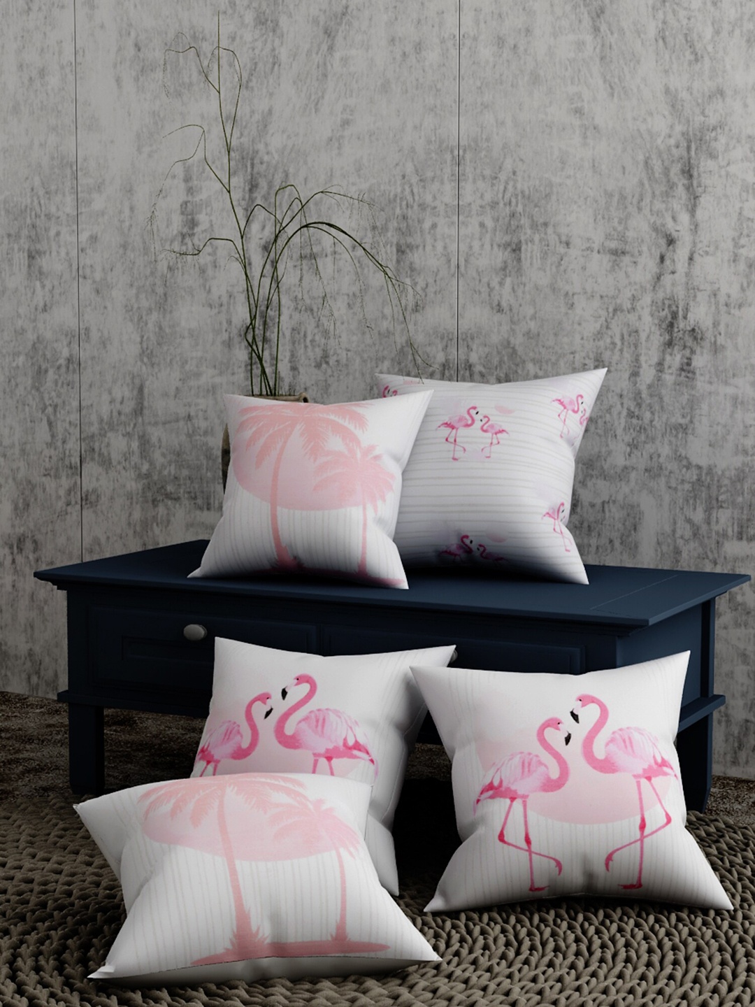 

EverHOME White & Pink Flamingo Printed Set of 5 Quirky Square Cushion Covers