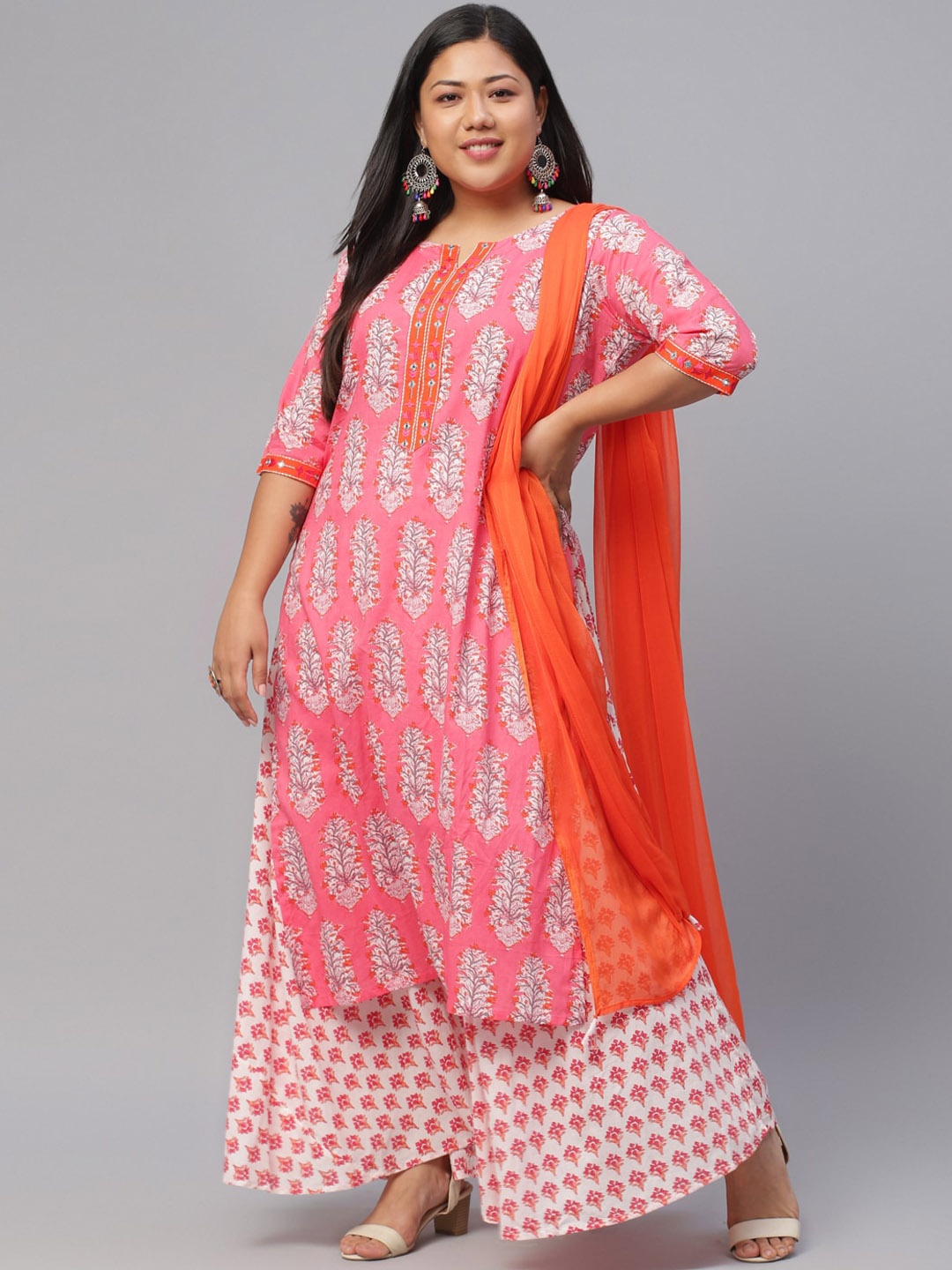 EXTRA LOVE BY LIBAS Women Plus Size Pink & White Printed Plus Size Kurta with Skirt & Dupatta