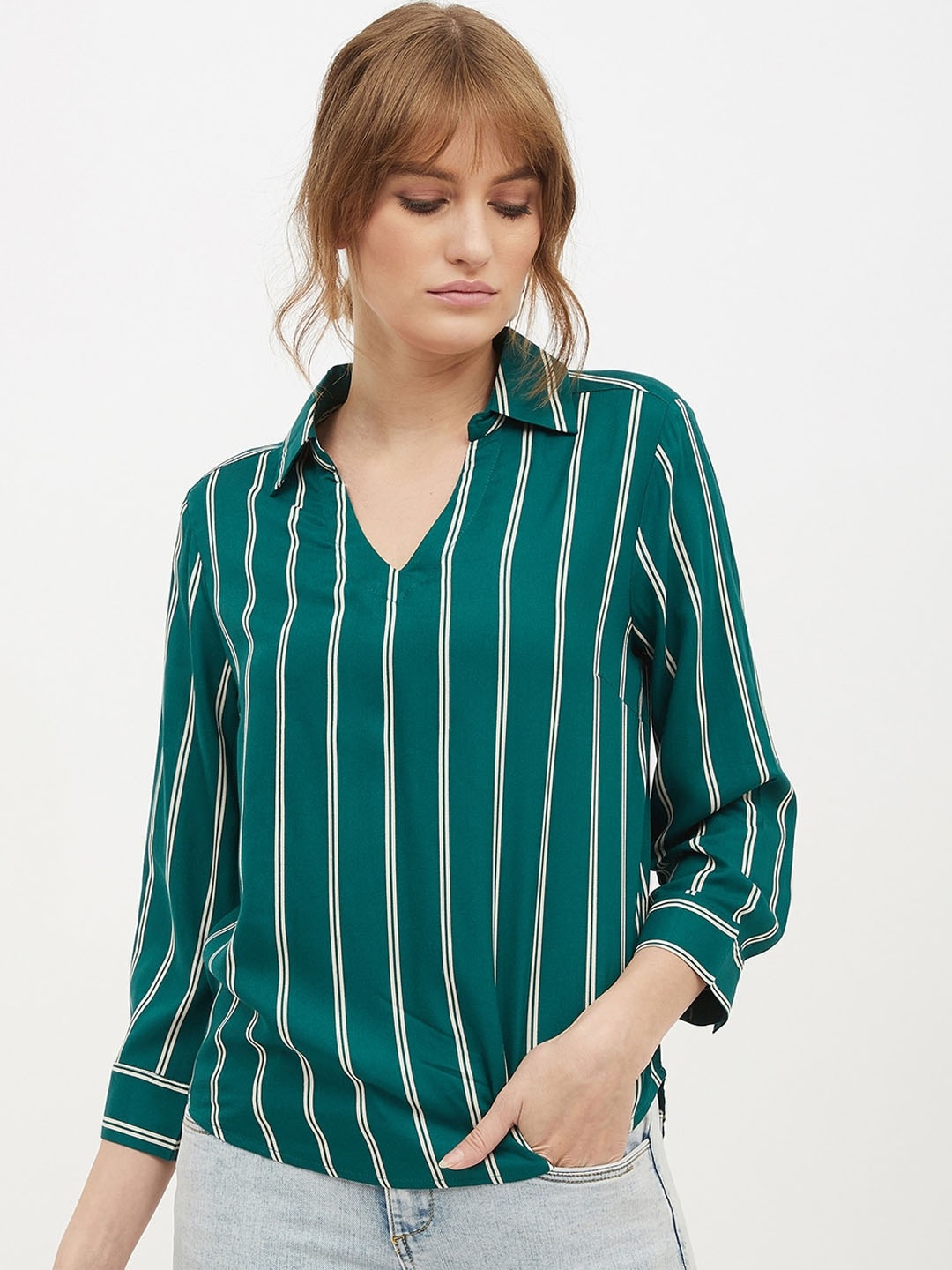 Harpa Women Green Striped Pure Cotton Top