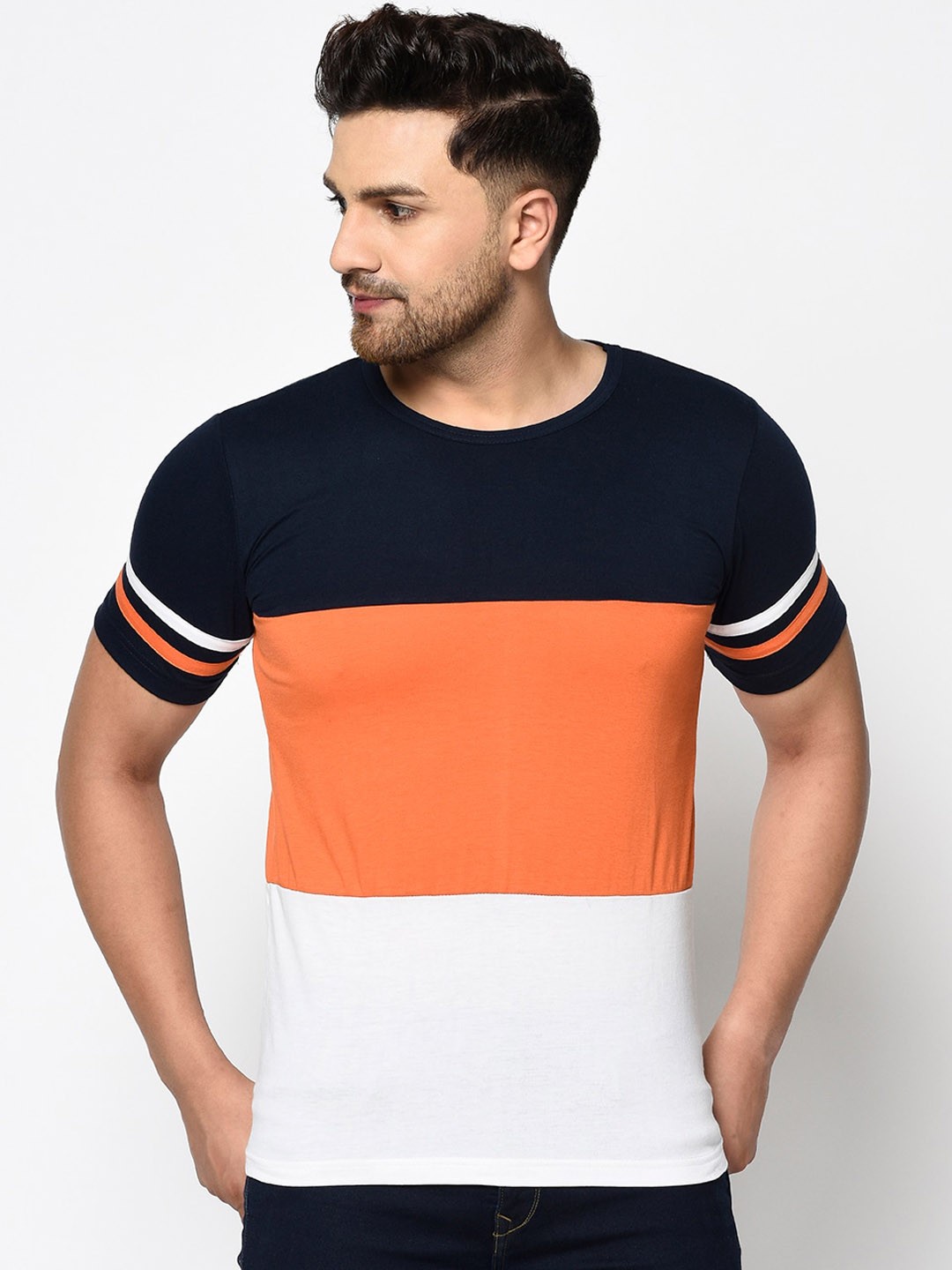 Rigo Men Orange & Navy Blue Colourblocked Round Neck Slim Fit T-shirt