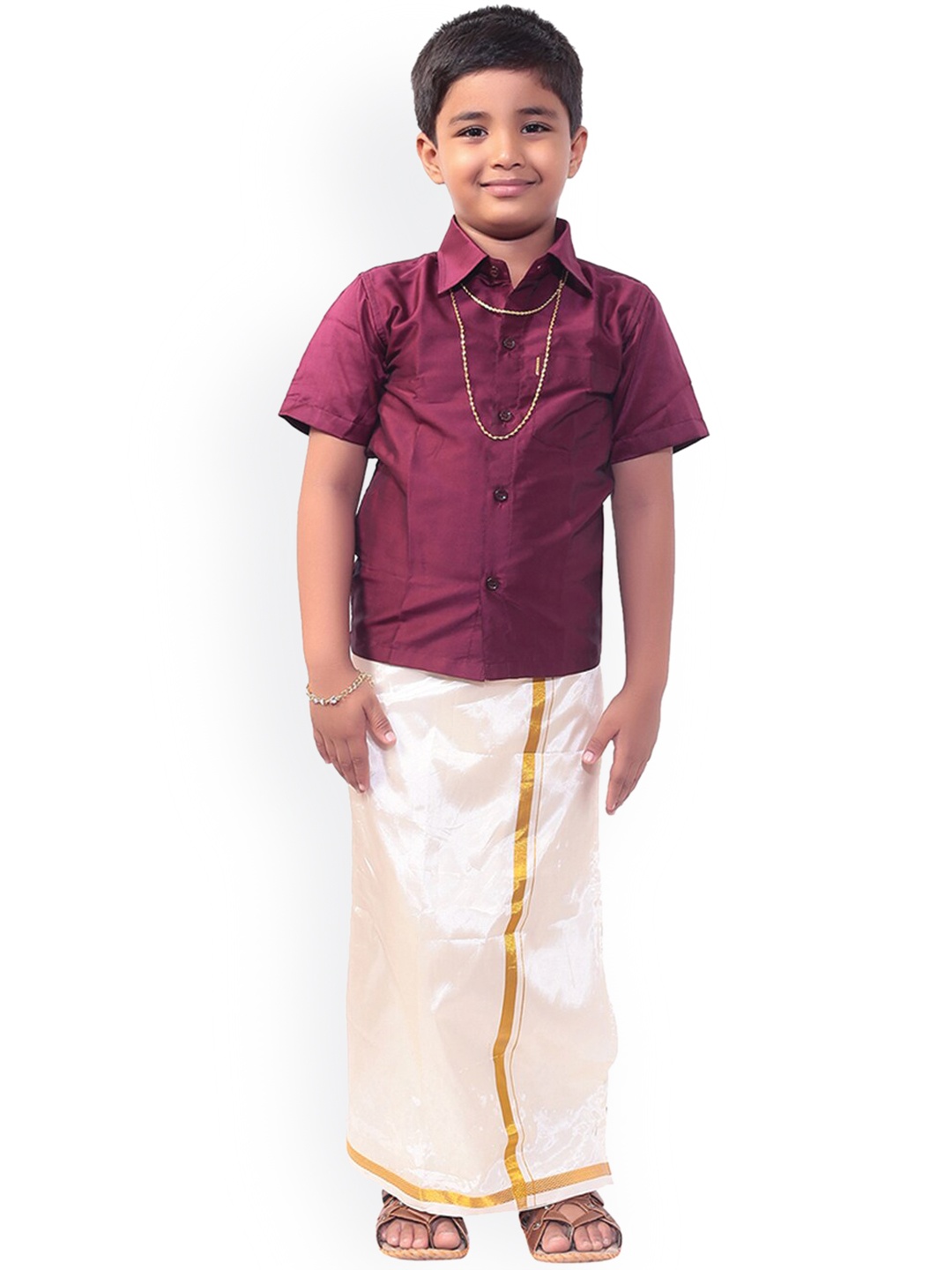 

Thangamagan Boys Maroon & Off-White Solid Shirt and Veshti