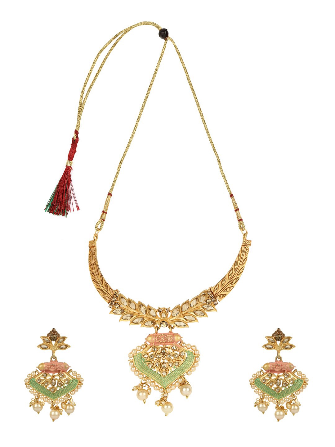 

ANIKAS CREATION Gold-Plated Sea-Green & Off-White Stone-Studded Beaded Enamelled Sustainable Jewellery Set