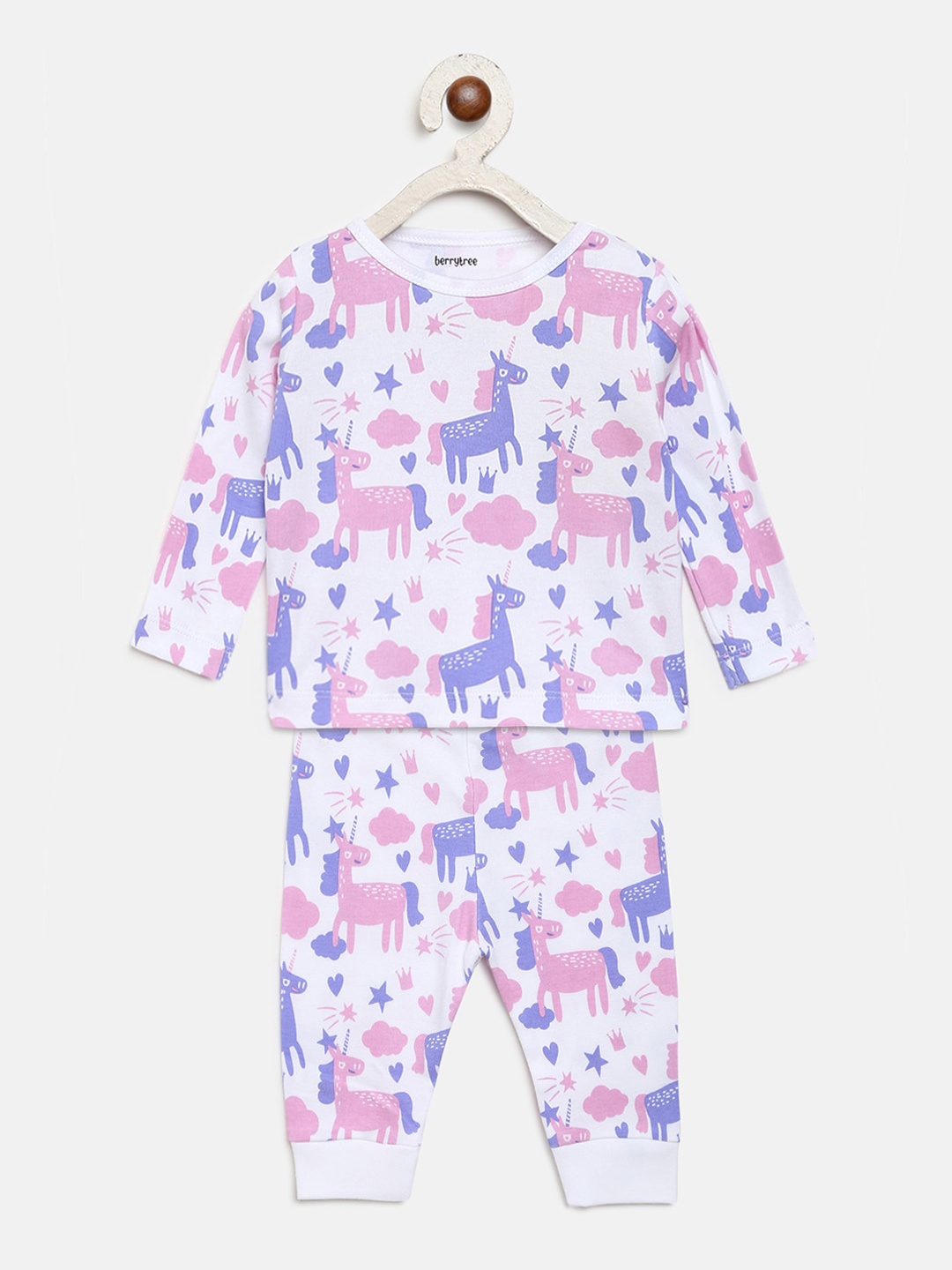 

berrytree Unisex Infant Kids White Purple Printed Pure Organic Cotton Sustainable Night suit