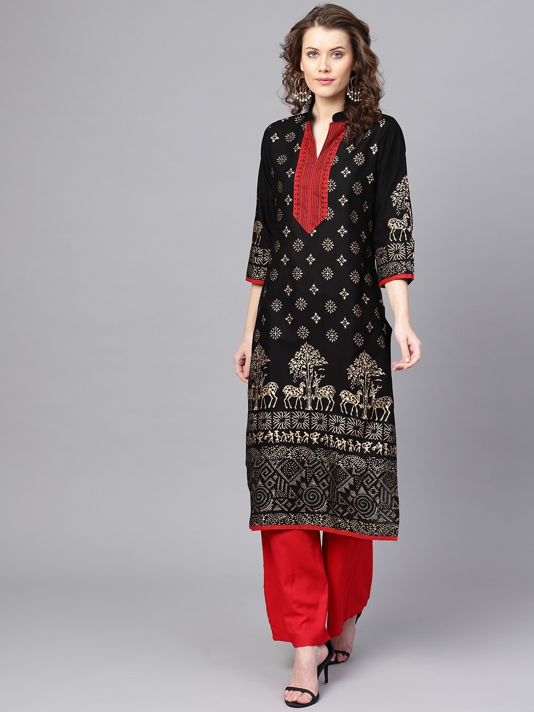 

ZOEYAMS Women Black & Red Printed Straight Kurta