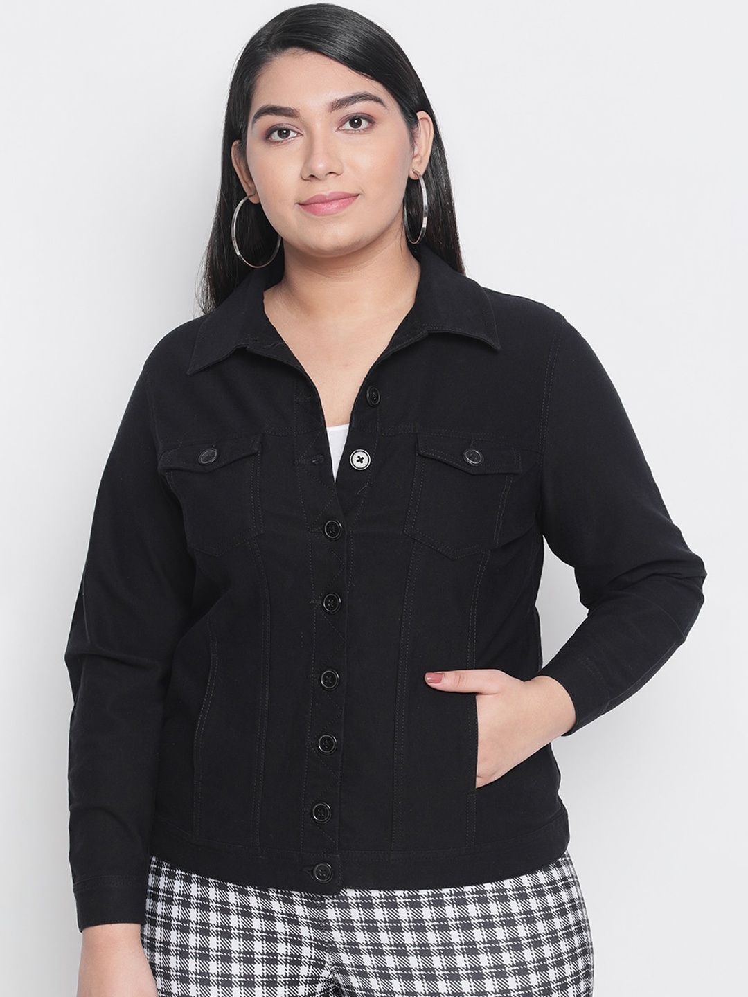 

Amydus Women Plus Size Black Solid Denim Jacket