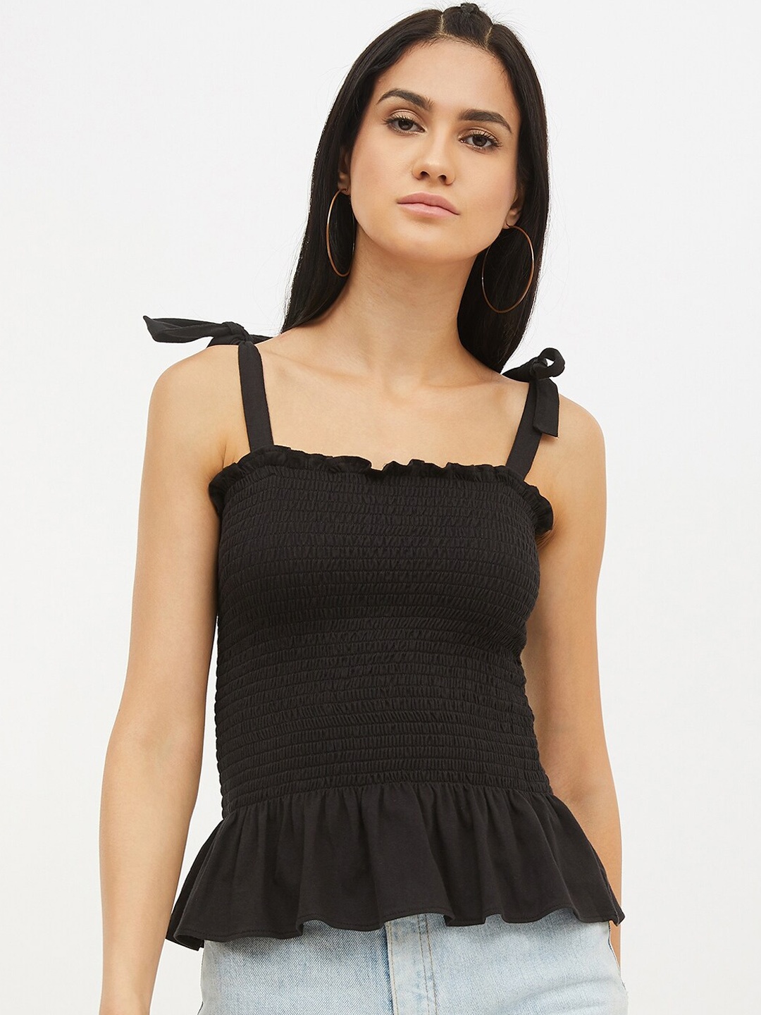 

Harpa Women Black Solid Tank Pure Cotton Top