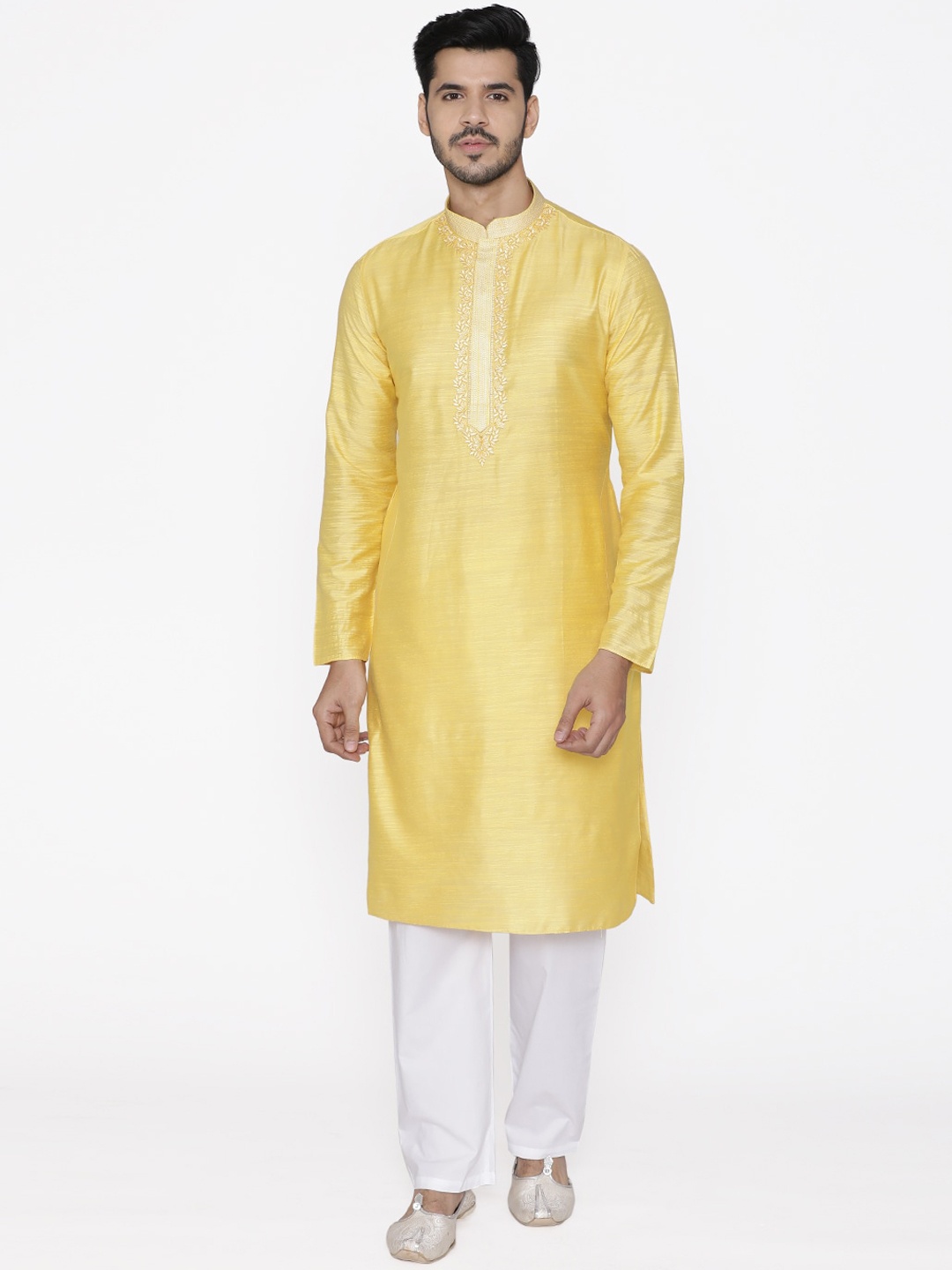 

Manyavar Men Yellow & White Self Design Kurta with Pyjamas