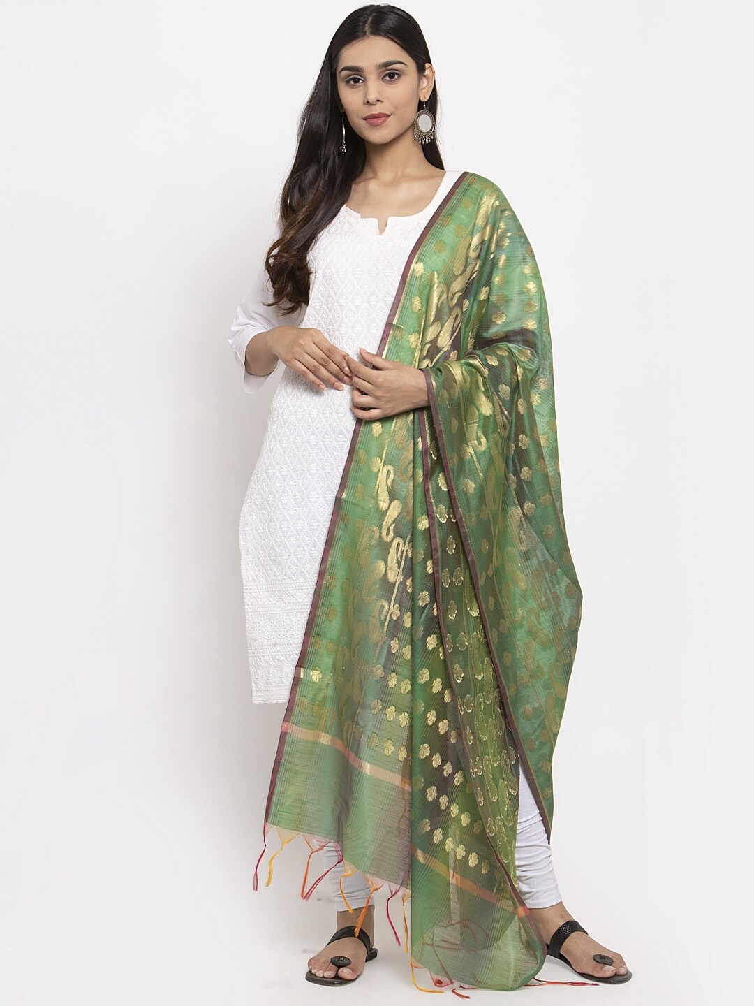 

LOOM LEGACY Green & Gold-Toned Woven Design Dupatta