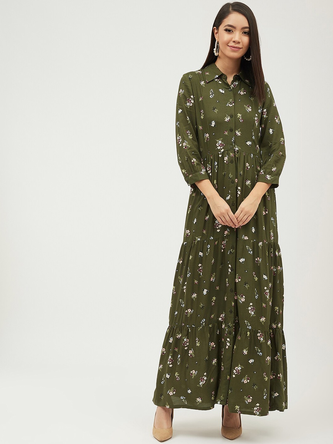 

Harpa Women Olive Green & White Floral Printed Maxi Dress