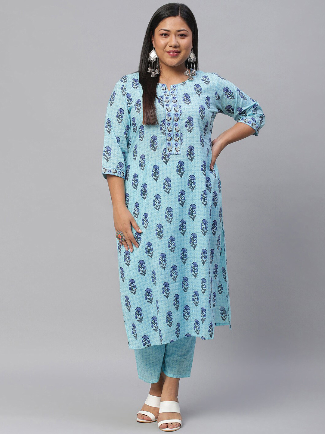 

EXTRA LOVE BY LIBAS Plus Size Women Blue Floral Printed Pure Cotton Kurta with Trousers