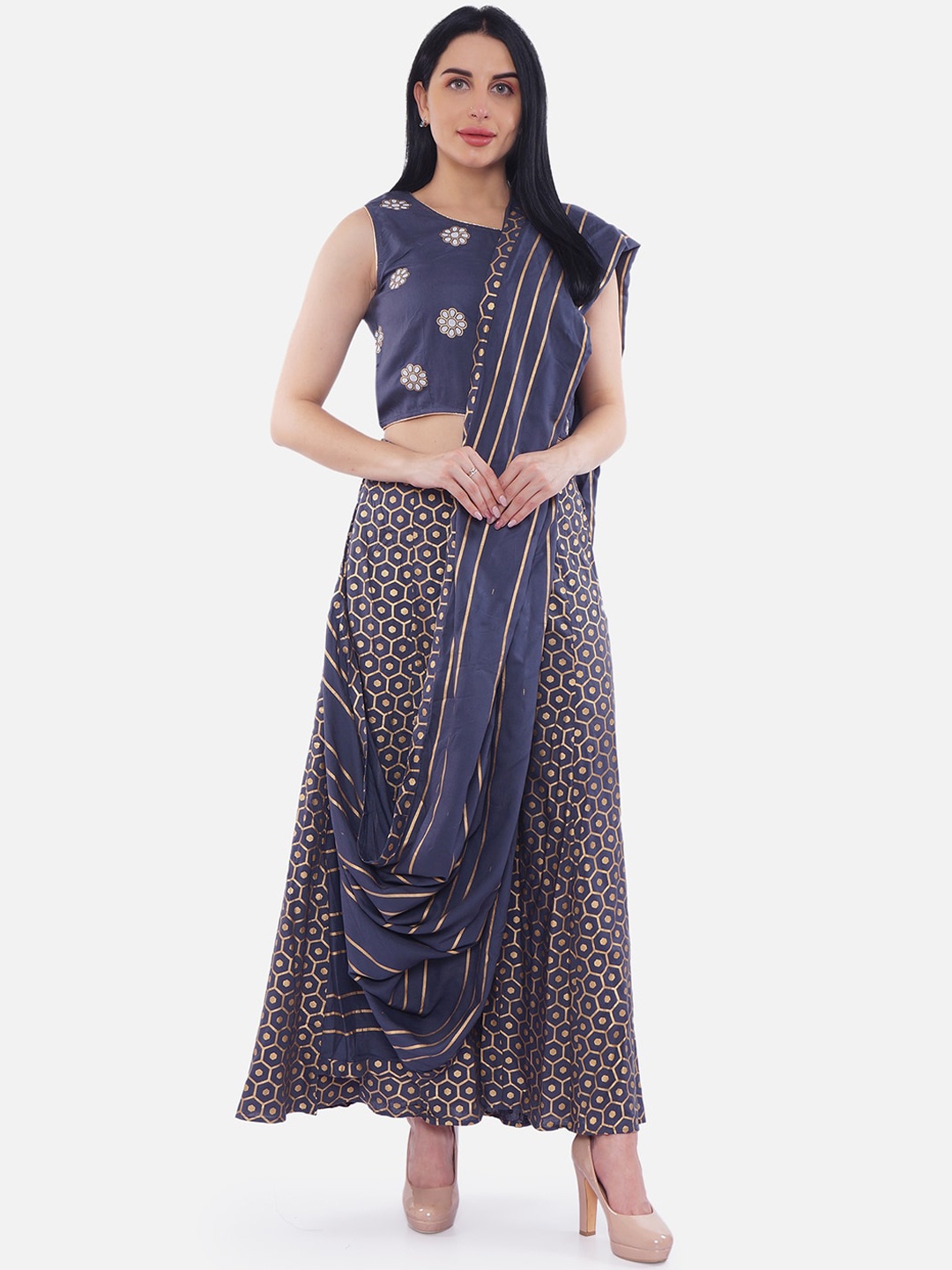 

Be Indi Women Grey & Gold-Toned Printed Top with Palazzos & Dupatta