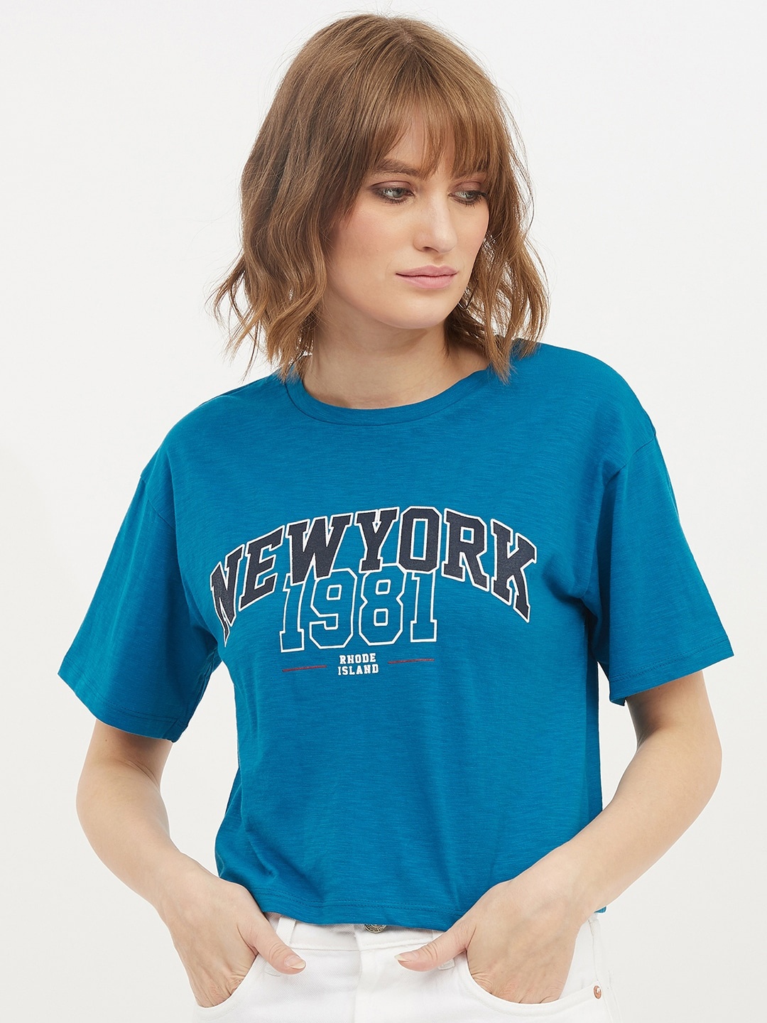 

Harpa Women Blue Printed Round Neck Crop Pure Cotton T-shirt