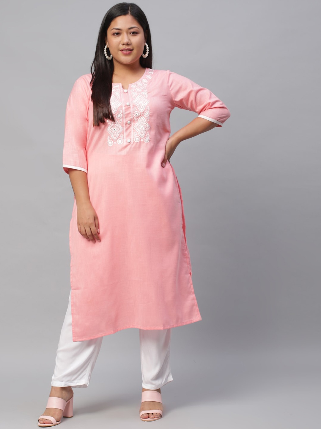 

EXTRA LOVE BY LIBAS Plus Size Women Pink & White Floral Embroidered Floral Kurta